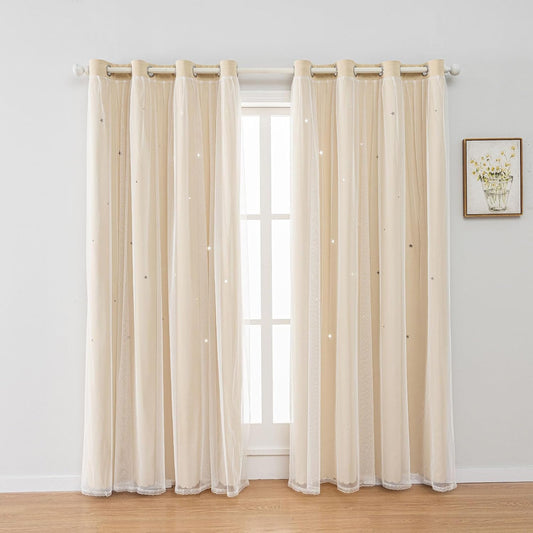 FANLI 2 Panels Star Blackout Curtains for Kid Girls Bedroom Living Room Darking Stripe Double Layer Star Cut Out Wall Home Decor Gradient Grommet Window Curtains (Beige 84L)