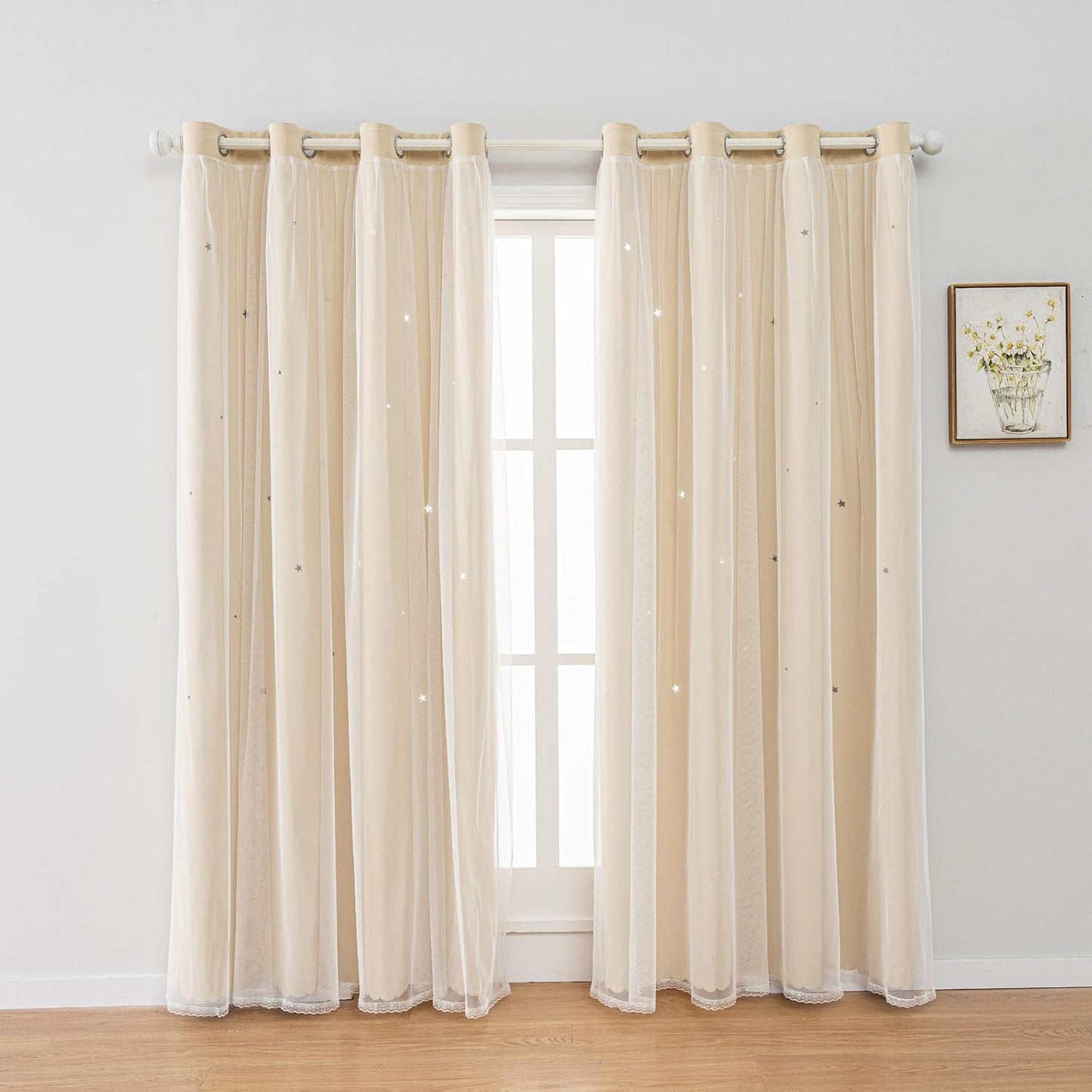 FANLI 2 Panels Star Blackout Curtains for Kid Girls Bedroom Living Room Darking Stripe Double Layer Star Cut Out Wall Home Decor Gradient Grommet Window Curtains (Beige 72L)