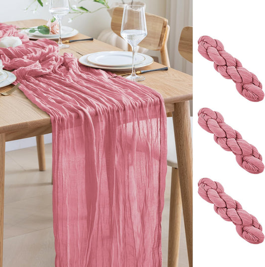 Asee'm 3pcs Cheesecloth Table Runner 120 Inches Dusty Rose Boho Gauze Cheese Cloth Runner 10FT Rustic Sheer Table Runners for Summer Wedding Baby Shower Holiday Party Decoration