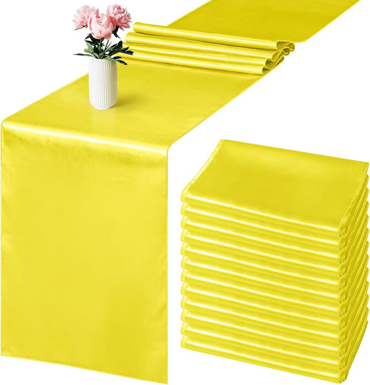 Aneco 12 Pack Satin Table Runner 12 x 108 Inch Yellow Long Wedding Satin Silk Table Runner for Wedding Banquet Graduations Birthday Party Decoration