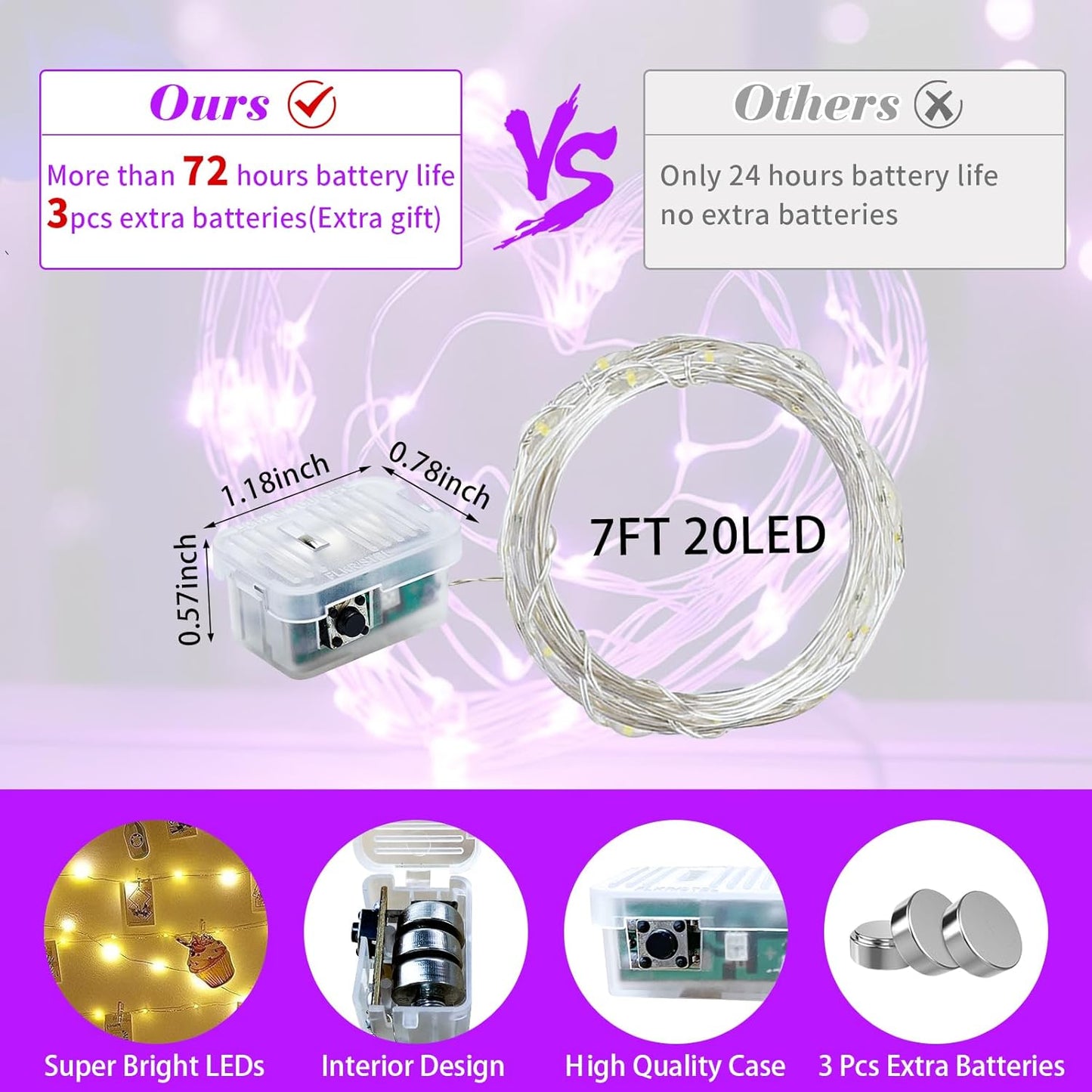 50 Pack Purple Fairy Lights 7Ft 20 LED Twinkle String Lights 3 Modes Battery Operated Waterproof Firefly Starry for Mason Jar Party Wedding Christmas Valentines Day Table Centerpieces