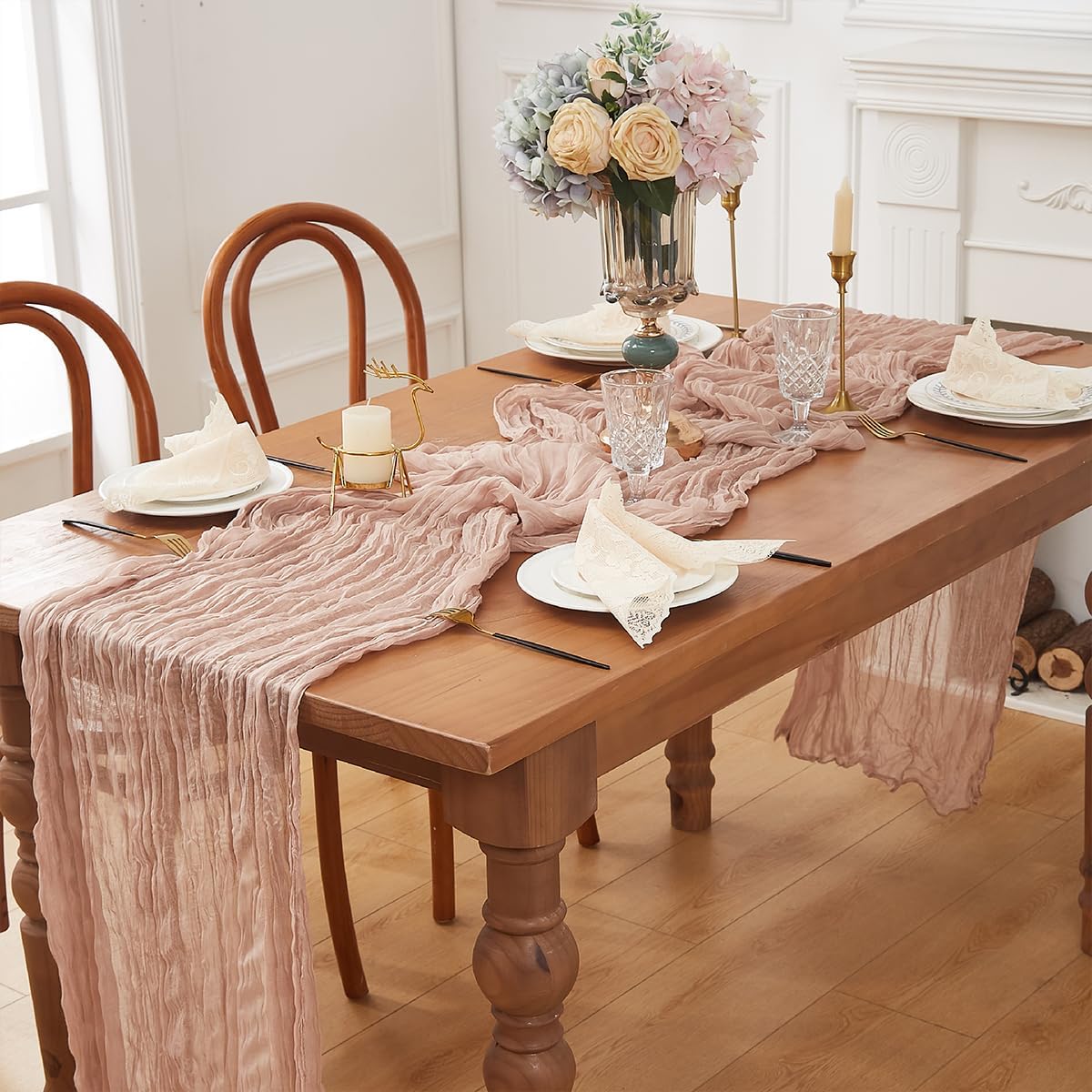 Nude 2 Pack Cheesecloth Table Runner 120 Inch 10 FT Boho Rustic Gauze for Wedding Baby Shower Party Farmhouse Summer Home Decor Washable