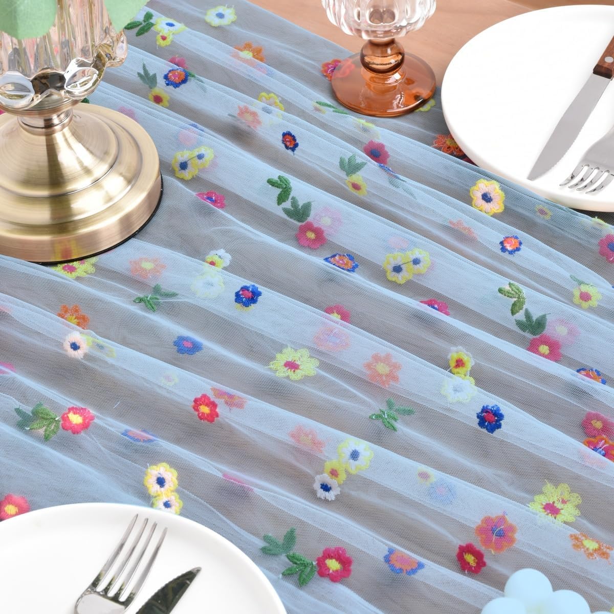 Joanlody Blue Embroidery Daisy Fall Thanksgiving Table Runner Florals Seasonal Tulle Table Runner Holiday Kitchen Dining Table Decoration Wedding Party