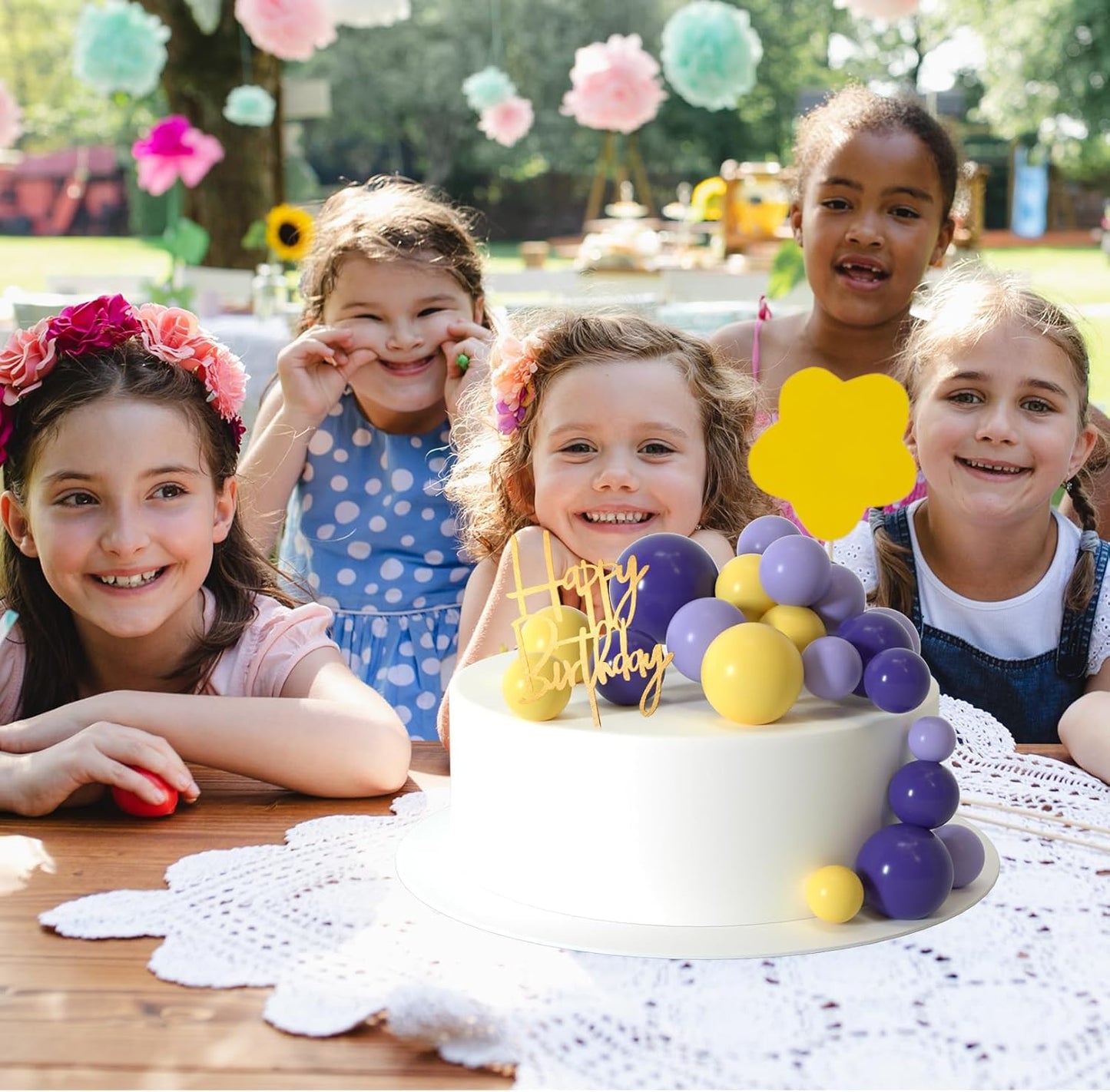 MIAHART Ball Cake Toppers Boho Grass Cake Topper Ball Cake Insert Decoration for Birthday Wedding Baby Shower Party Decorations Boho Themed Party Supplies (Purple,yellow,light purple)