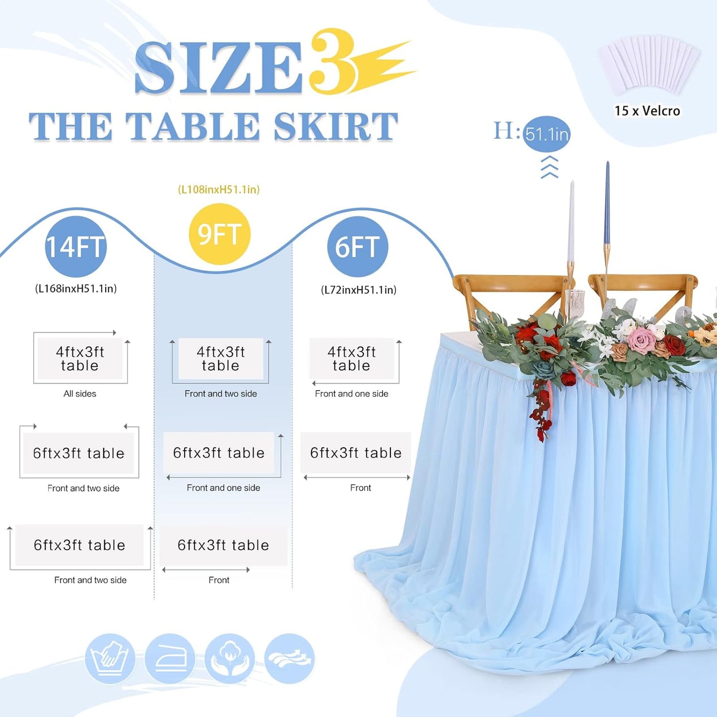 9ft Baby Blue Table Skirt Baby Shower Tablecloth for Boy Birthday Sweetheart Cake Table Wedding Table Decoration