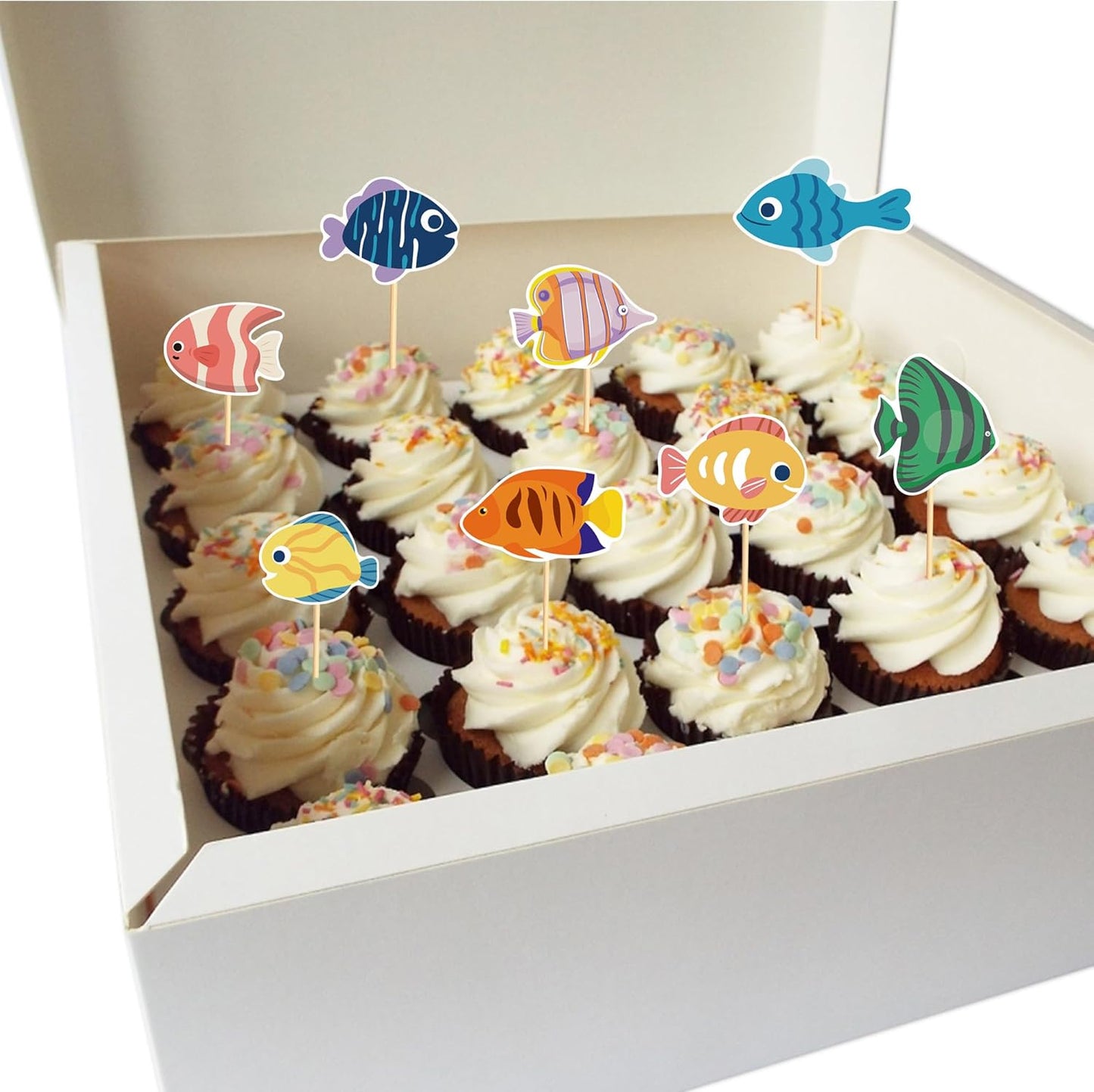 24pcs Fish Cupcake Toppers Go Fishing Theme Decorations Baby Shower Boys Girls Happy Birthday Party Tropical Party Cake Picks Under The Sea Decoration Supplies