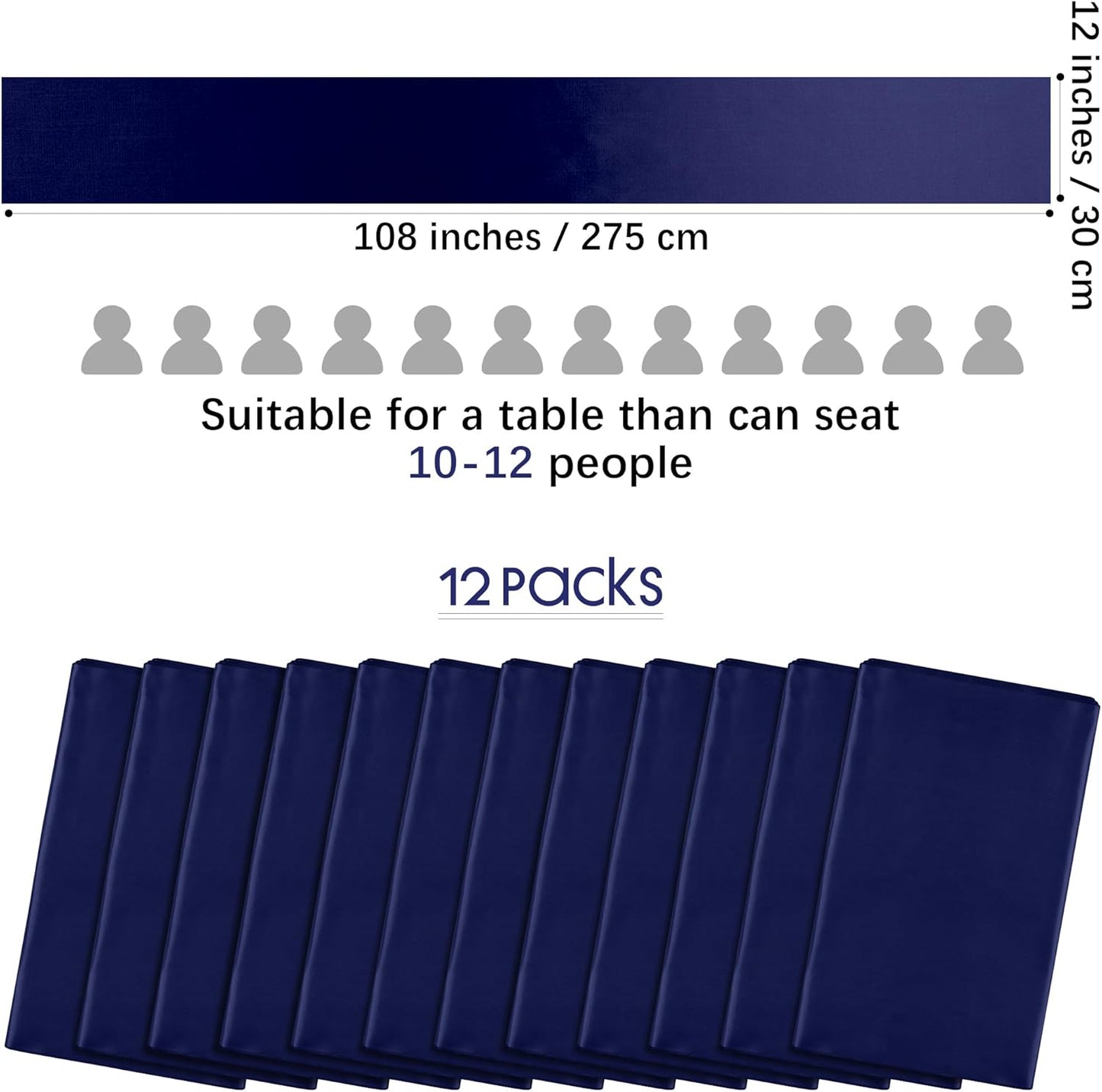Aneco 12 Pack Satin Table Runner 12 x 108 Inch Navy Blue Long Wedding Satin Silk Table Runner for Wedding Banquet Graduations Birthday Party Decoration