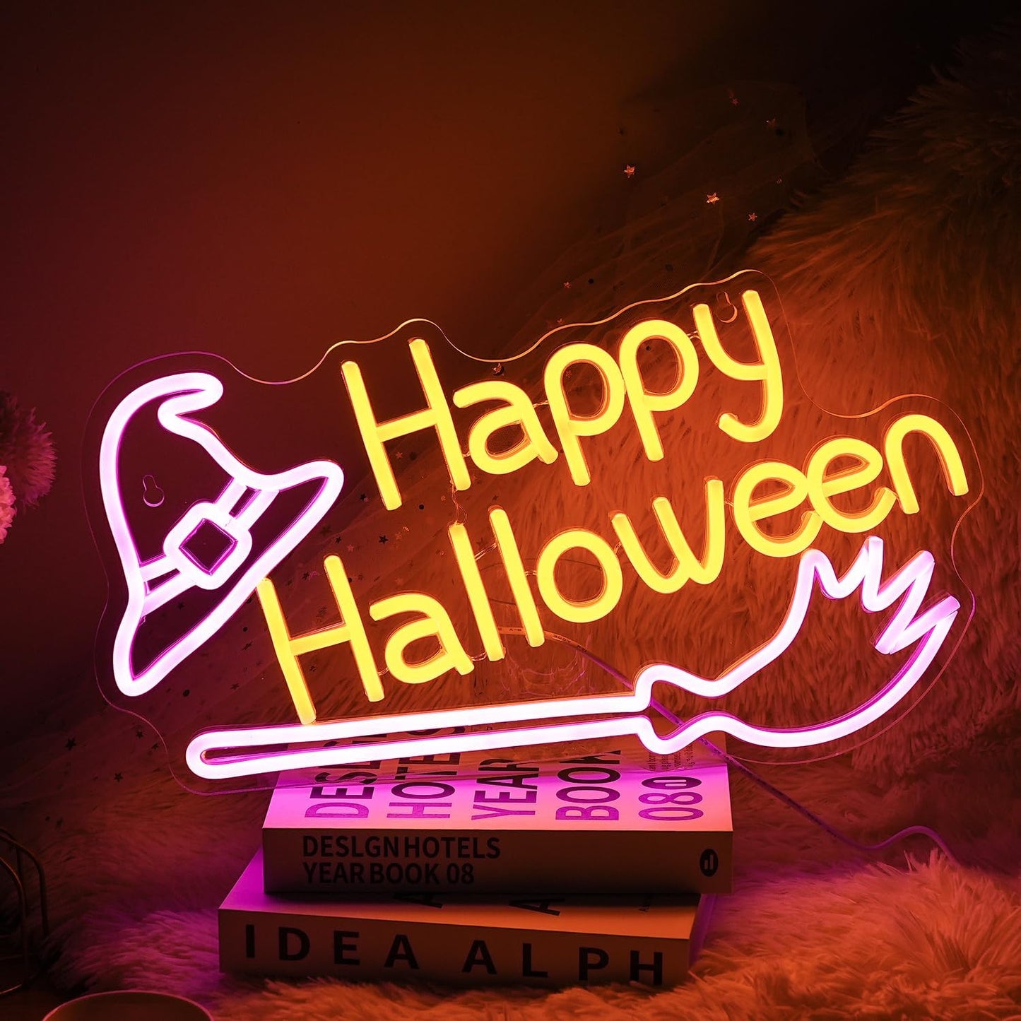 Happy Halloween Neon Sign Witch Hat Neon Sign Dimmable Broom Led Wall Decor Neon Lights Halloween Decorations for Home Spooky Party Kids Room