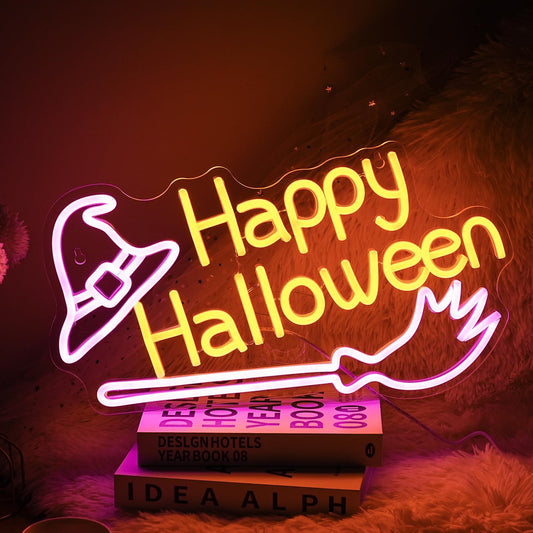Happy Halloween Neon Sign Witch Hat Neon Sign Dimmable Broom Led Wall Decor Neon Lights Halloween Decorations for Home Spooky Party Kids Room