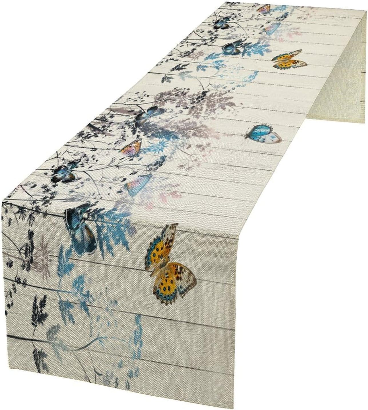 Nature Dandelion Table Runner,Rustic Floral Wood Plank Butterfly Girl Women Pattern Print Burlap Tablecloth for Hotel Indoors Outdoor Dining Room Kitchen Table Decor, 13x108in