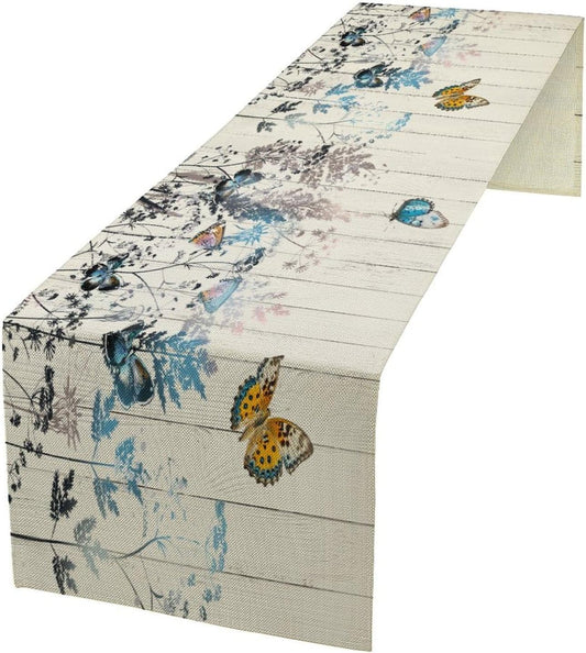 Nature Dandelion Table Runner,Rustic Floral Wood Plank Butterfly Girl Women Pattern Print Burlap Tablecloth for Hotel Indoors Outdoor Dining Room Kitchen Table Decor, 13x36in