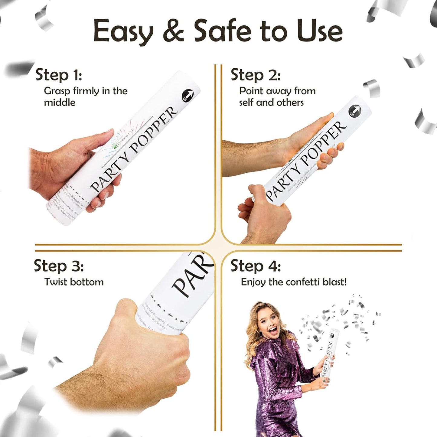 Confetti Cannon 12" – 6 Pack Silver Mylar Confetti Poppers | Party Poppers for Weddings, Birthdays, Graduations & Events | Air-Powered, Safe & Easy to Use | Shoots 25 Feet Indoor & Outdoor