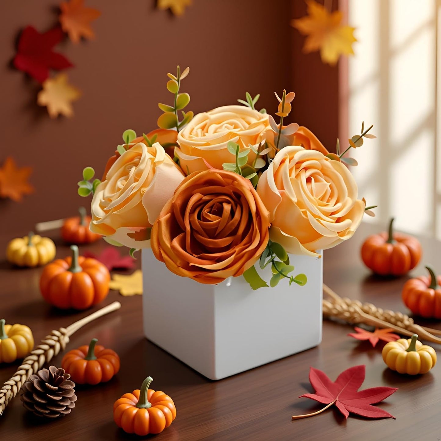 LADADA Artificial Roses in White Ceramic Vase, Orange and Cream Fake Flowers with Eucalyptus Stems, Faux Floral Arrangement for Home Decor, Table Centerpiece for Dining Table, Kitchen, Office