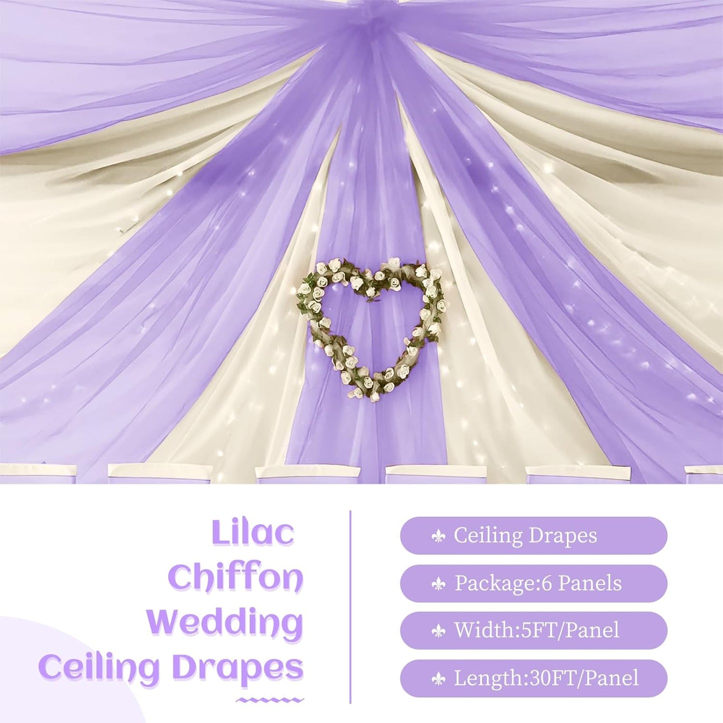 6 Panels Lilac Wedding Ceiling Drapes 5ftx30ft Ceiling Drapes Chiffon Fabric Arch Draping Sheer Curtains Soft Drapery Draping Wedding Ceiling Decorations for Party Ceremony Stage Swag