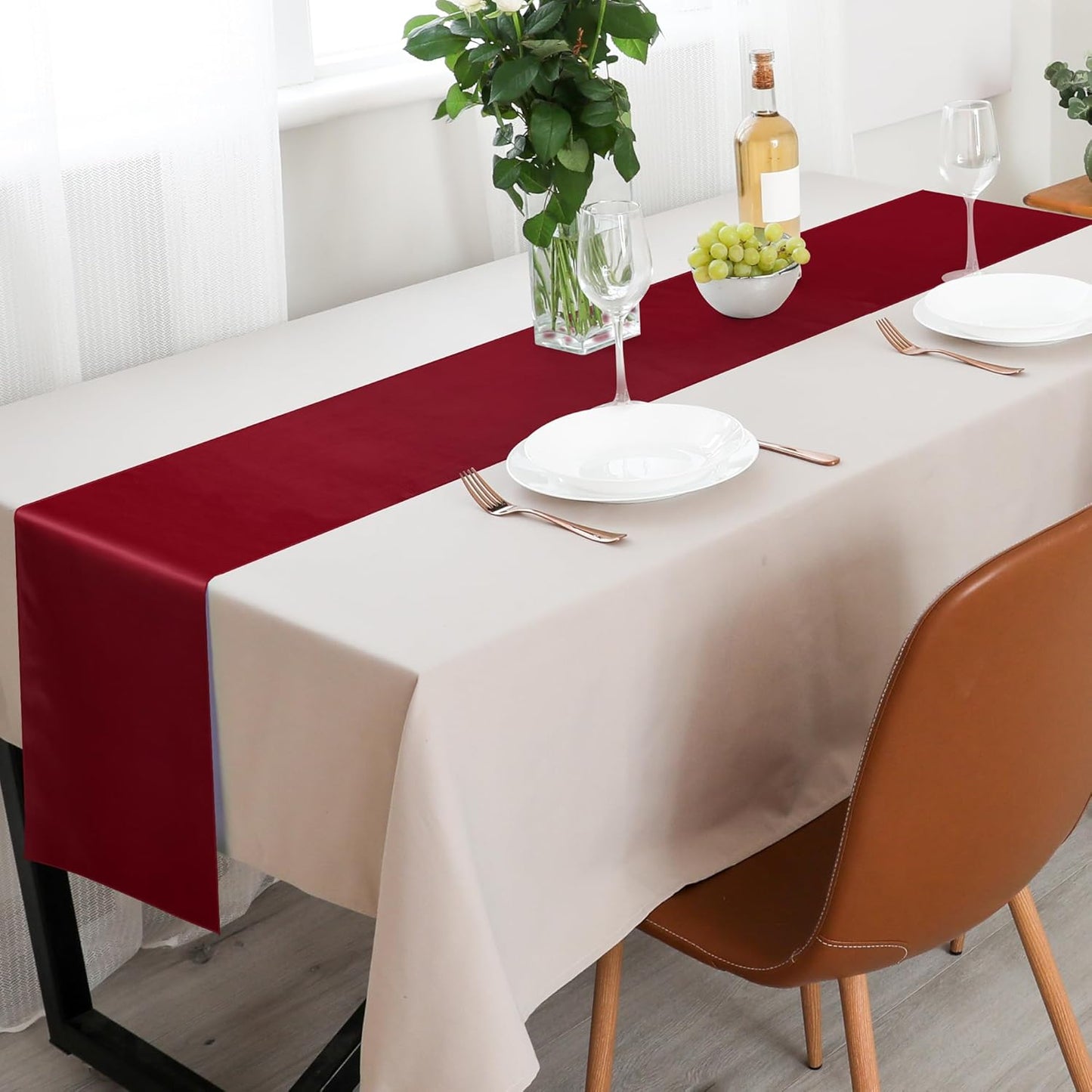 Aneco 12 Pack Satin Table Runner 12 x 108 Inch Burgundy Long Wedding Satin Silk Table Runner for Wedding Banquet Graduations Birthday Party Decoration