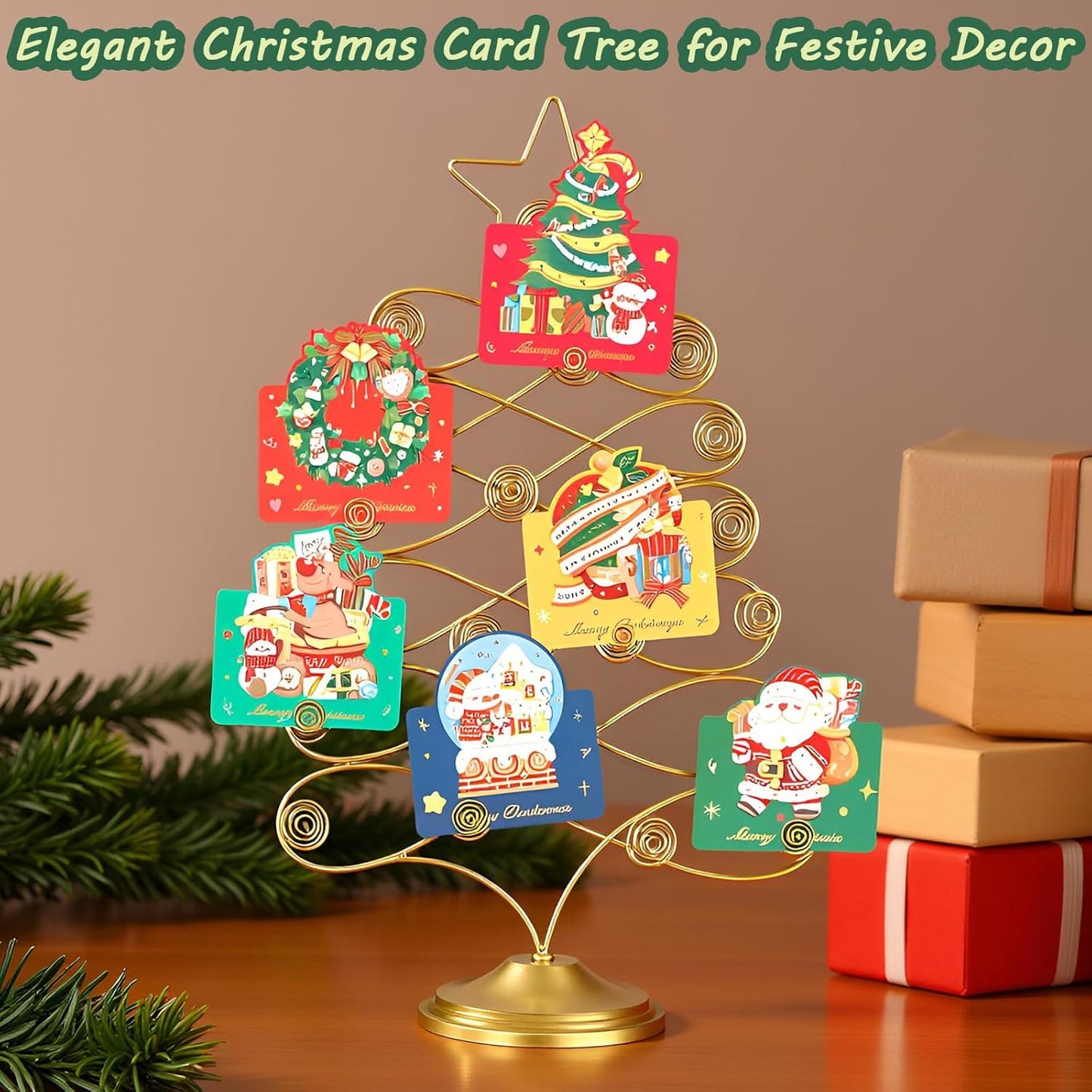 Christmas Tree Card Holder Tabletop, 18 Inch Gold Tree Holiday Card Display Stand, Metal Decorative Cards and Photo Holder Rack, Christmas Display Tree Stand Holds up to 19 Place and Gift Cards