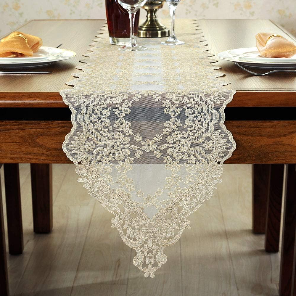 ARTABLE Rectangle Table Runner Lace Macrame Embroidered Table Runners with Exquisite Vintage Shabby Chic for Holiday Wedding Long Dinner Tables (Light Gold, 12 x 120 Inch)