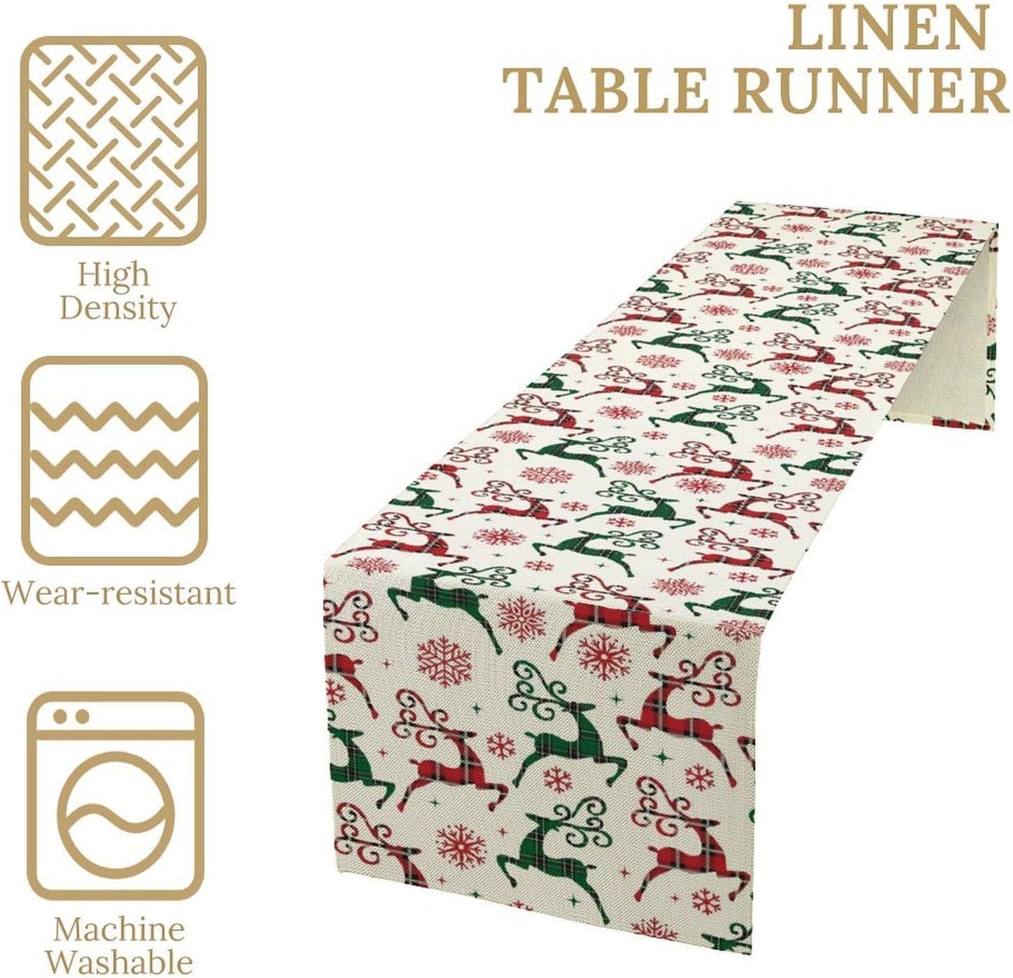 Christmas Table Runner,Christmas Plaid Deer Print Farmhouse Table Cloth Kitchen Dining Table Decoration for Home Party Decor 13x120 Inch