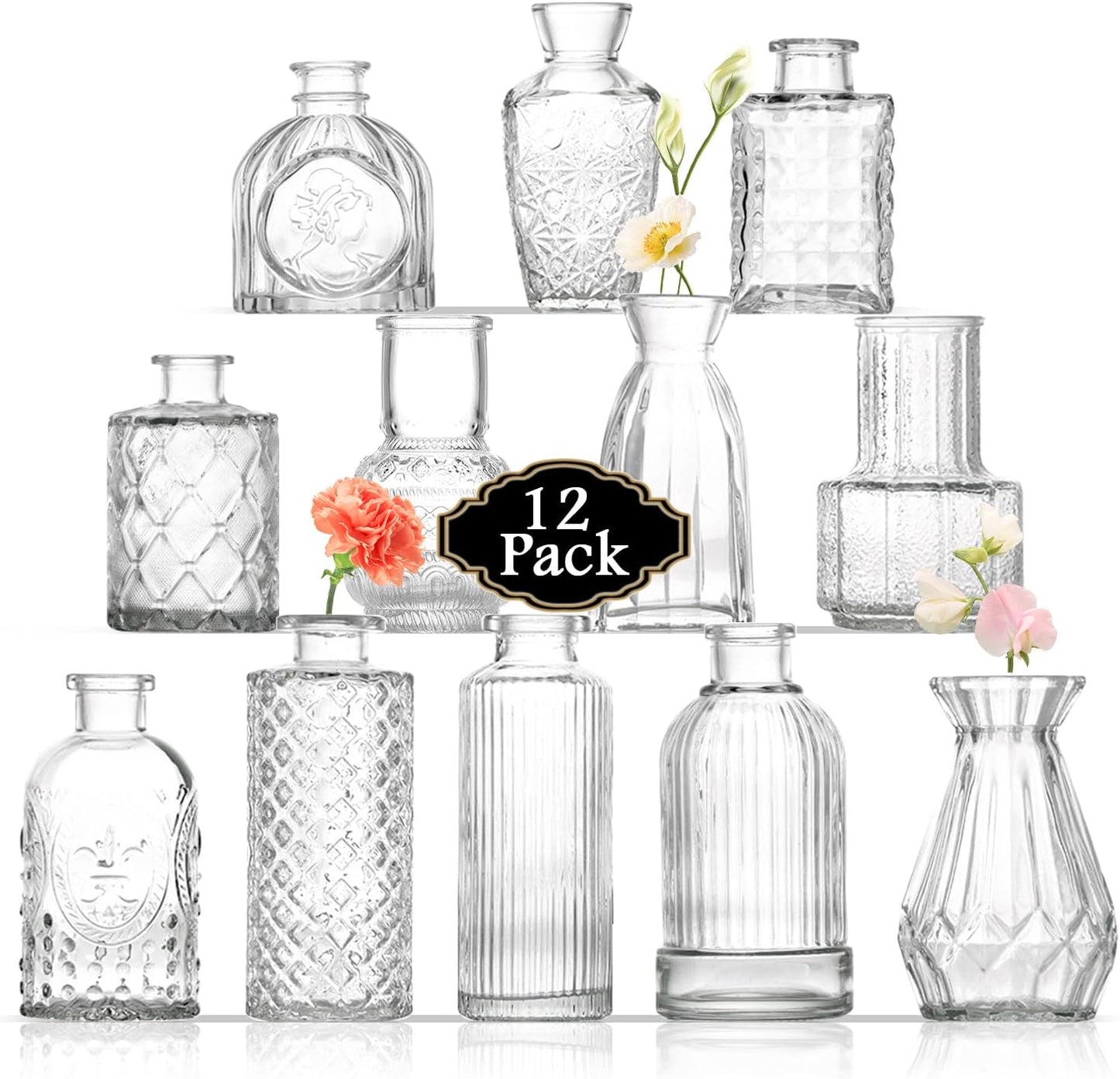 Bud Vases Set of 12, Small Glass Vases for Centerpieces, Small Flower Vases for Centerpieces, Vintage Mini Vase, Clear Bud Vase for Wedding Table Decor