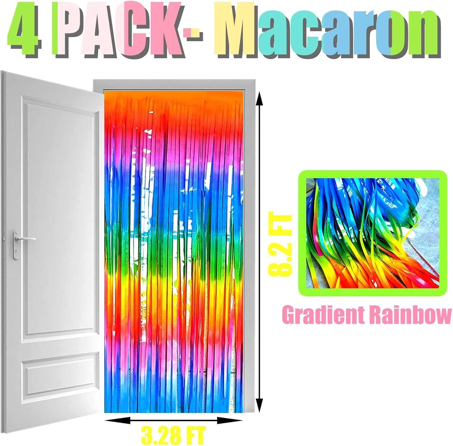 4 Pack Macaron Dark Rainbow Foil Fringe Curtain Backdrop, 3.28Ft x 8.2Ft Colorful Streamers Curtains for Party, Photo Booth Props, Birthday, 2022 Mother's Day Decoration Supplies