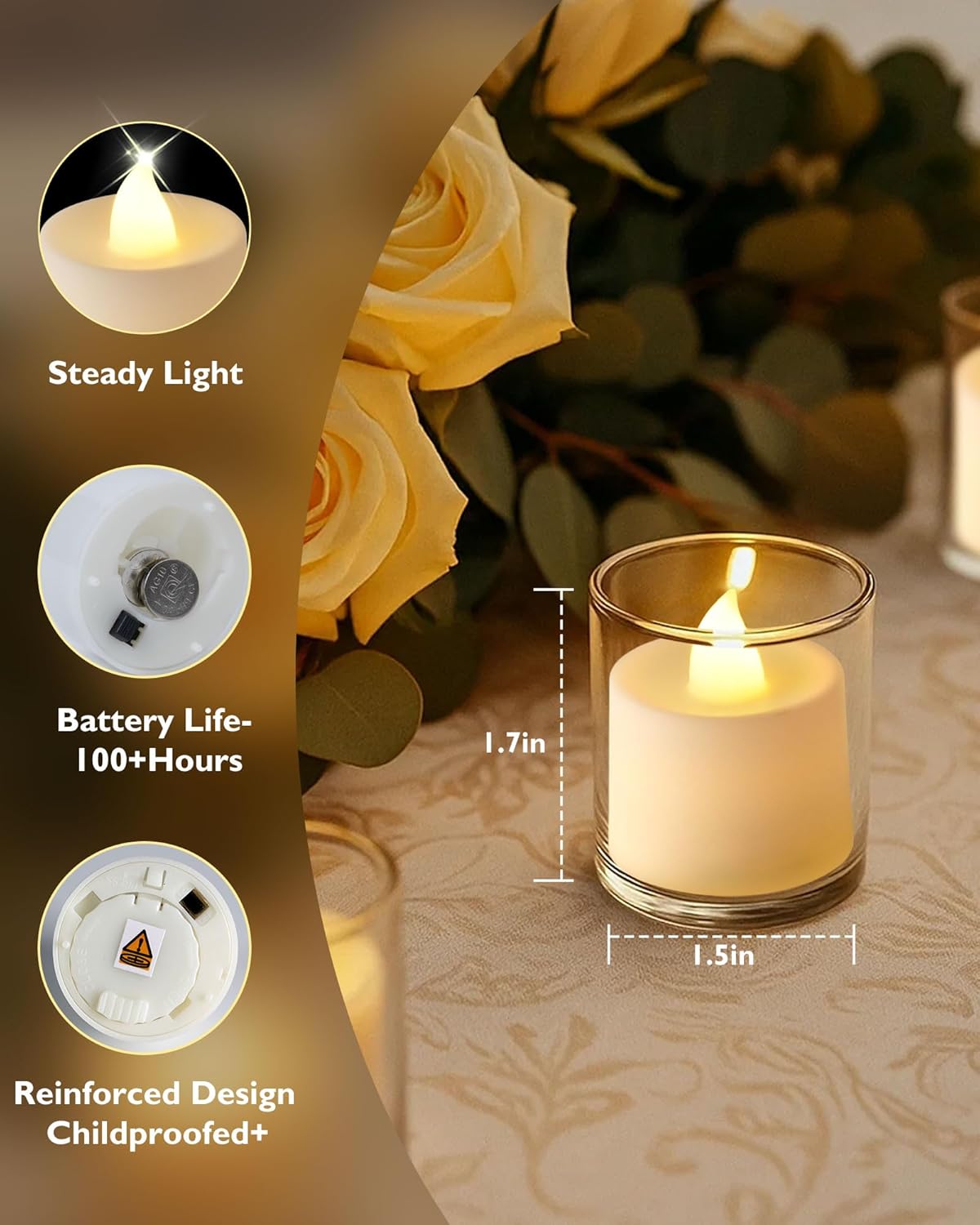 Amagic 50 Pack LED Tea Lights, Flameless Votive Candles, Lasting Electric Fake Small Candles, Battery Operated Tealights Candles for Halloween, Christmas, Home Decor, Wedding, Party, Festival (White)