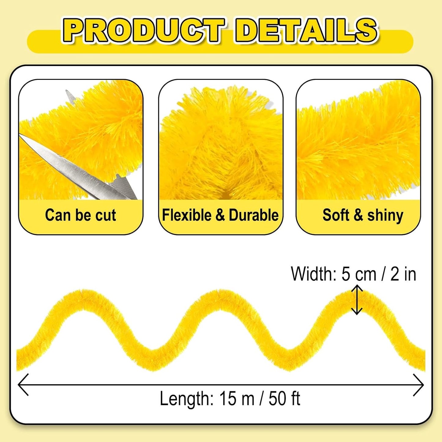 50 Feet Christmas Foil Fringe Banner Metallic Tassle Garland Metallic Backdrop Parade Floats Shiny Hanging Ceiling, Valentine's, Wedding, New Year Party Decorations(2" x 50', Macaron Yellow)