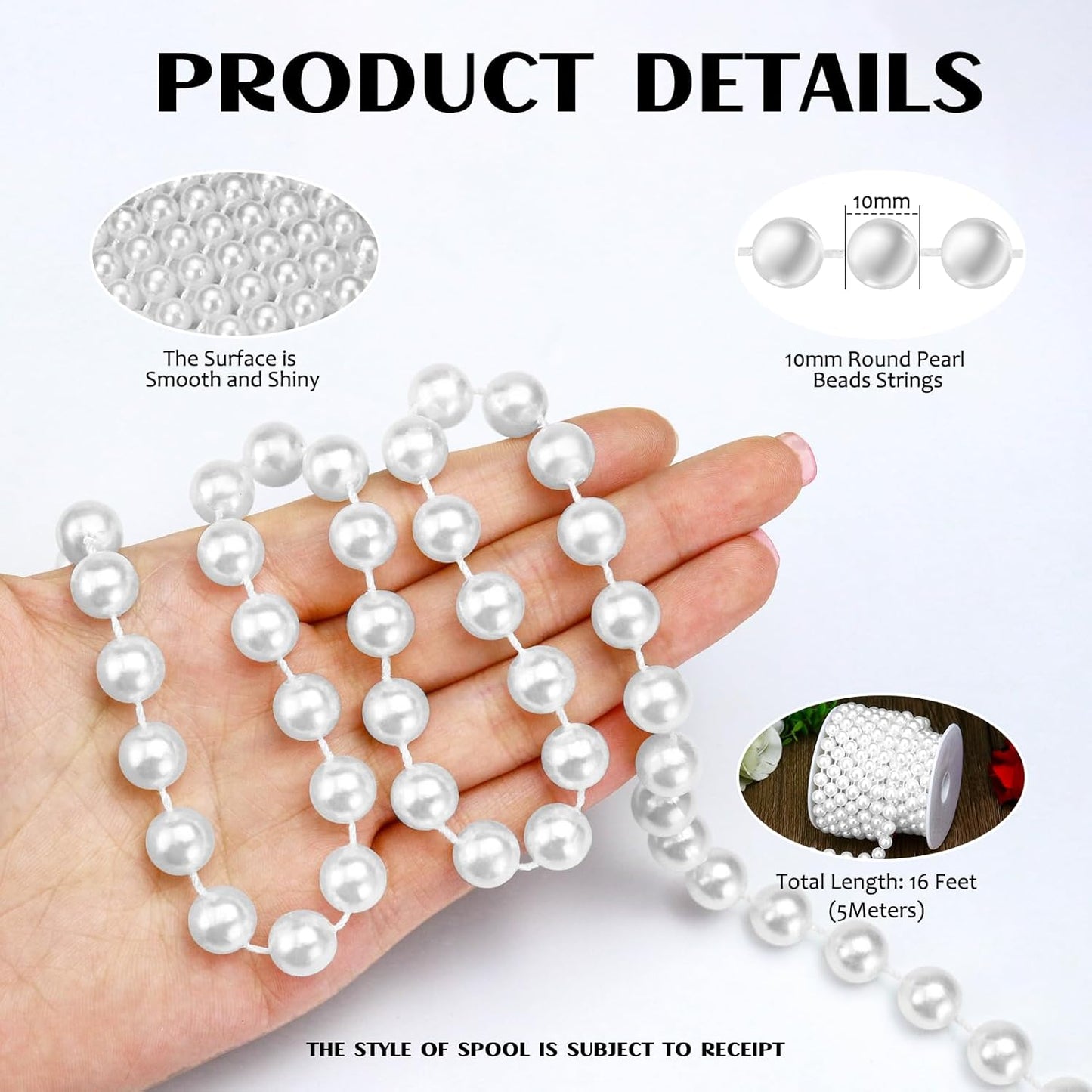 16 Feet 10mm Pearl Strings Garland for Crafts, Artificial Pearl Beaded Trim Chain Roll Strands for Wedding Centerpieces Bouquet Party Decoration Christmas Tree Garland, White
