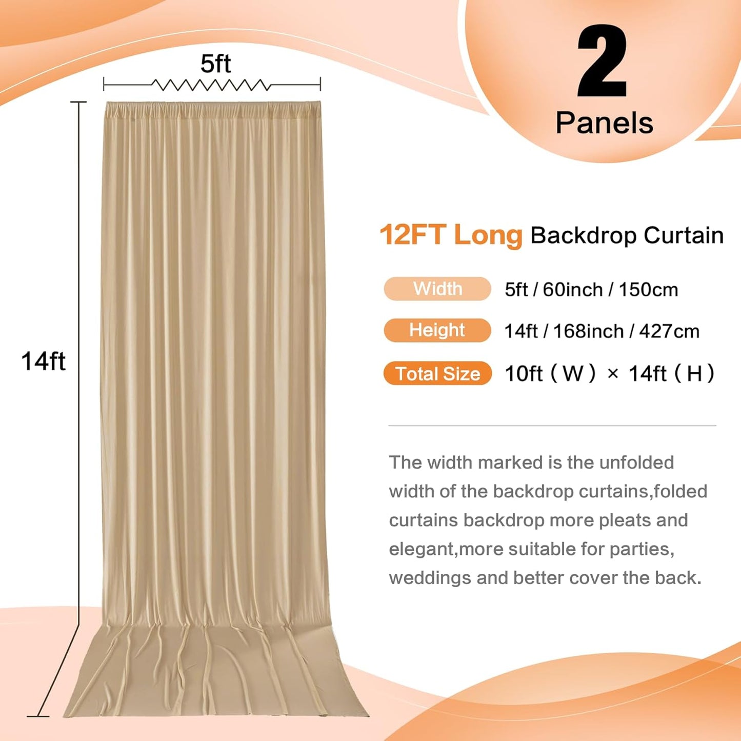 10×12 ft Wrinkle Free Beige Backdrop Curtain for Weddings Parties, 2 Panels 5×12ft Long Silky Polyester Photo Backdrop Drapes for Birthday Baby Shower Photography Background Cloth