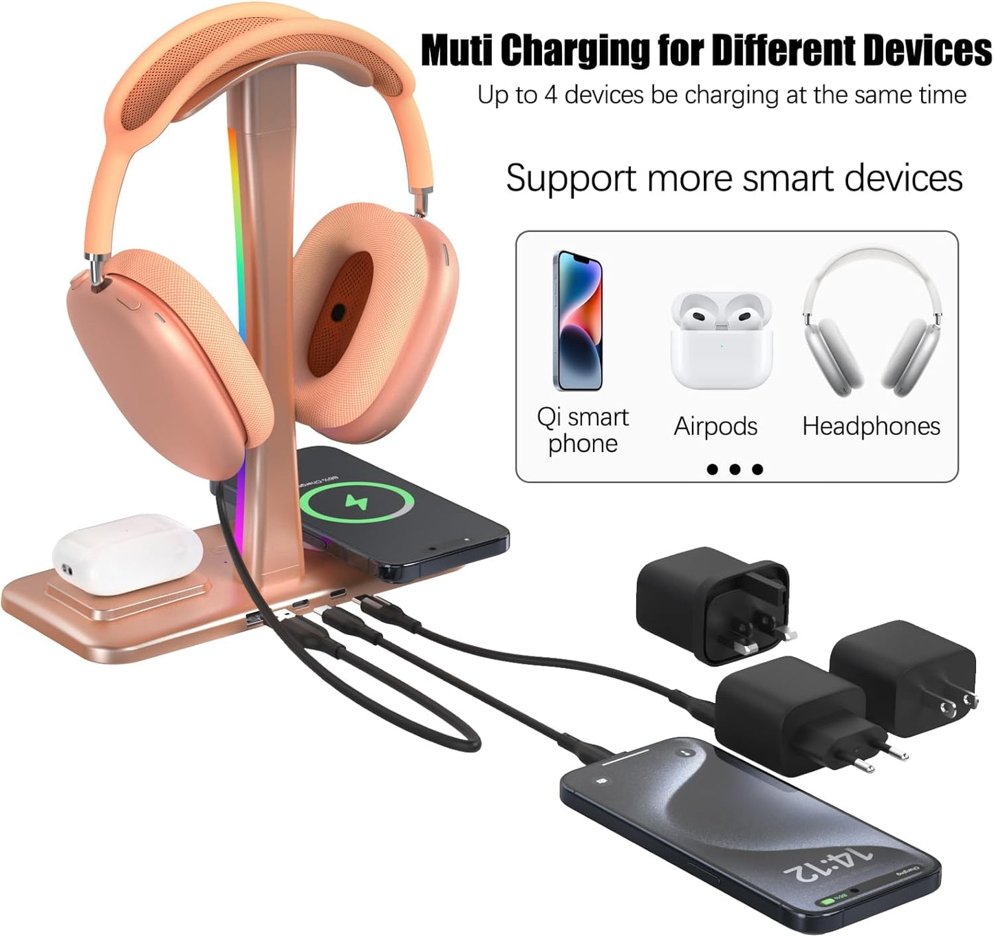 Headphone Stand with Wireless Charger,Gaming HeadsetStand with RGB Light Mode,Airpod MaxStand Compatible with Airpod Pro/3/2,iPhone 16/15/14/13/12/11,Samsung,Gifts for Gamers & Music Lover (Gold)