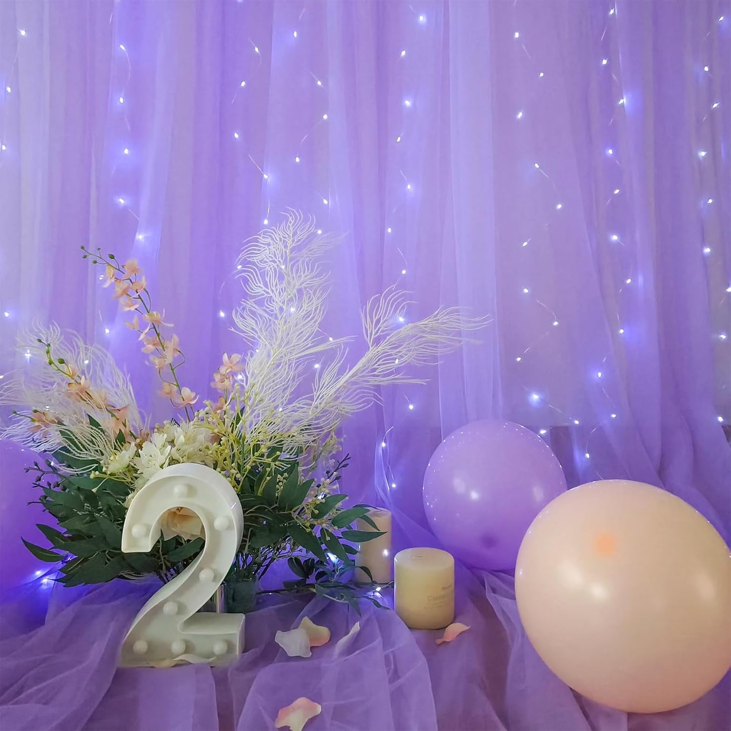 10x10ft Lavender Tulle Backdrop Curtains with Lights for Party Wedding Baby Shower, Sheer Wrinkle Free Backdrop Curtains for Birthday Party Photo Booth Background Decoration