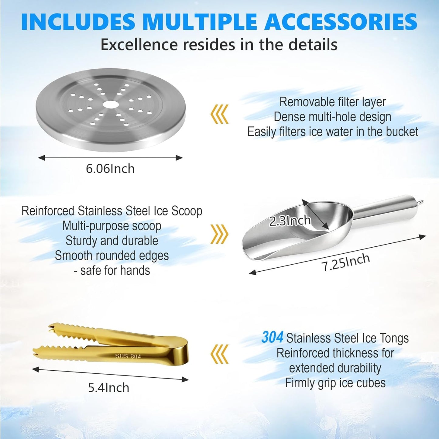 Ice Bucket, Ice Bucket with Silicone Sealing Ring Double-Wall Vacuum Insulation Champagne Buckets with Filter Layer Ice Tongs Ice Scoop (Gold, 3 L)