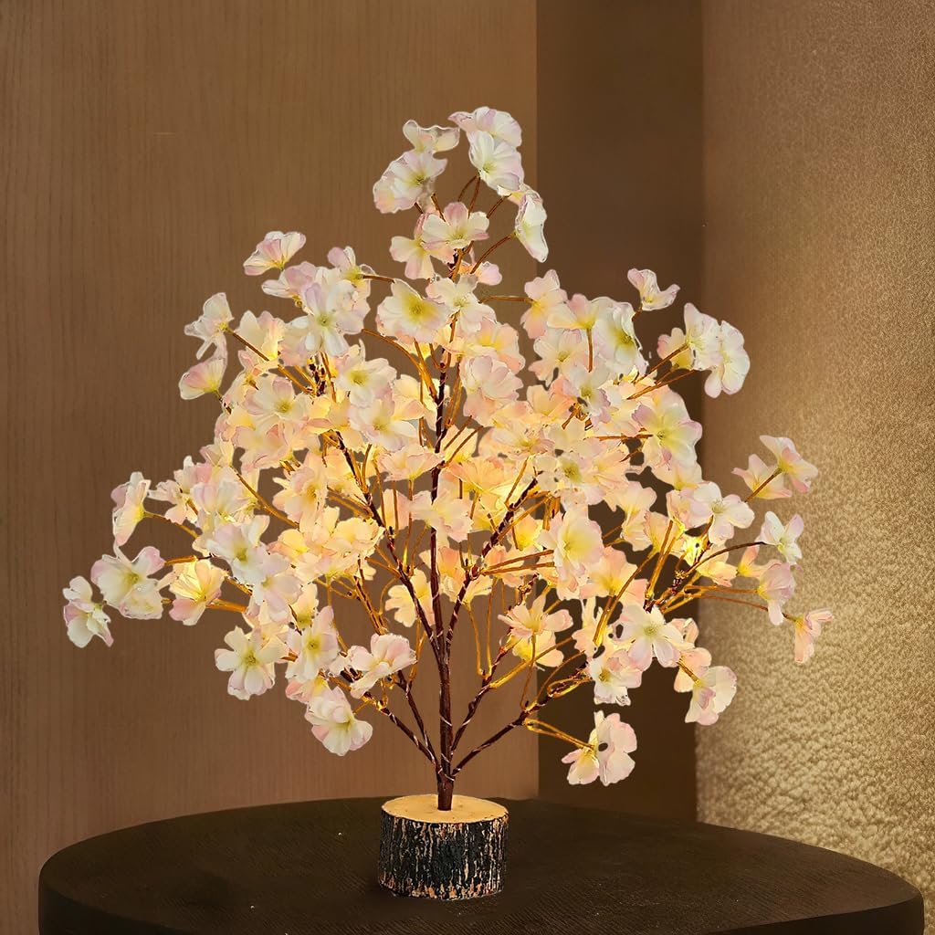19Inch Cherry Blossom Tree Light, Lighted Artificial Tree with Pink Silk Flowers, 49 Fairy LEDs, Battery Operated Lamp with Timer for Summer Wedding Decorations