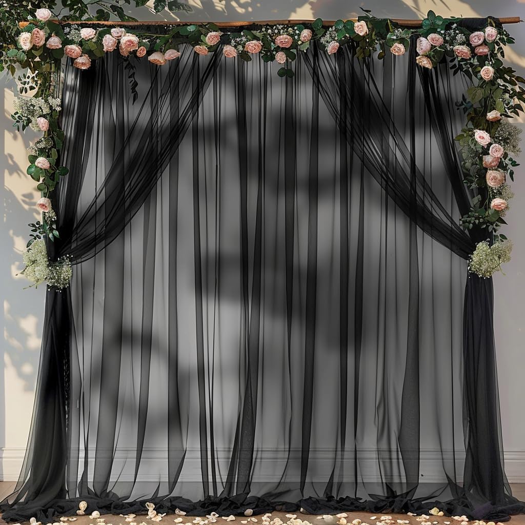 PARTISKY 20ft X 10ft Black Tulle Backdrop Curtain for Parites, Sheer Backdrop Curtains Fabric Drapes for Wedding Ceremony Arch Party Stage Decorations