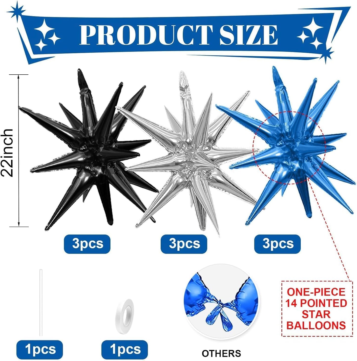 Black Blue Silver Star Balloons,9Pcs 22Inch Black Blue Silver Explosion Spike Cone Helium Polyester Film Star Foil Balloons for Birthday Anniversary Baby Shower Disco Party Decorations