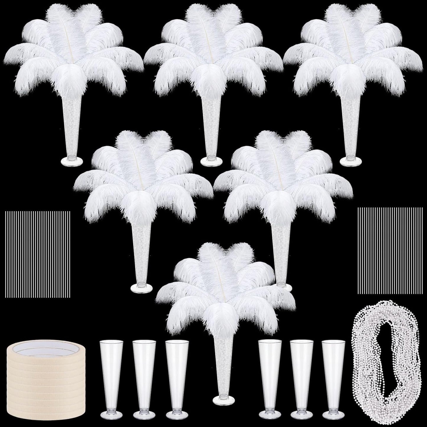 6 Sets Wedding Table Centerpiece Accessories Including 159 Pieces Natural Ostrich Feather Bulk Plastic Vases and Beads Necklaces for Wedding Home Party Centerpiece Supplies(White)