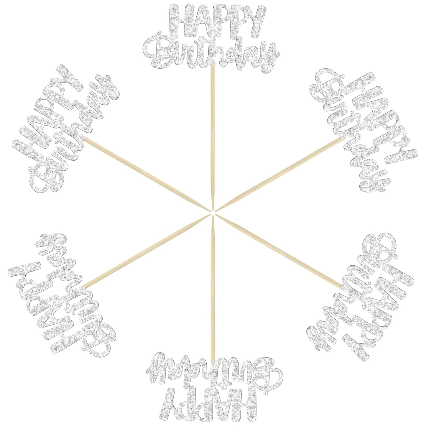 Gyufise 24Pcs Happy Birthday Cupcake Toppers Silver Glitter Birthday Cake Decorations Picks for Celebrating Birthday Party Decorations Supplies