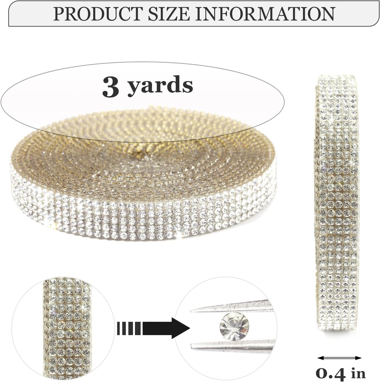 Rhinestone Ribbon 3 Yards Self Adhesive Rhinestone Strips Diamond Ribbon Sticker Crystal Roll Glitter Bling 2mm Rhinestones Tape for Crafting DIY Art Decoration (Silver,0.4 Inch)