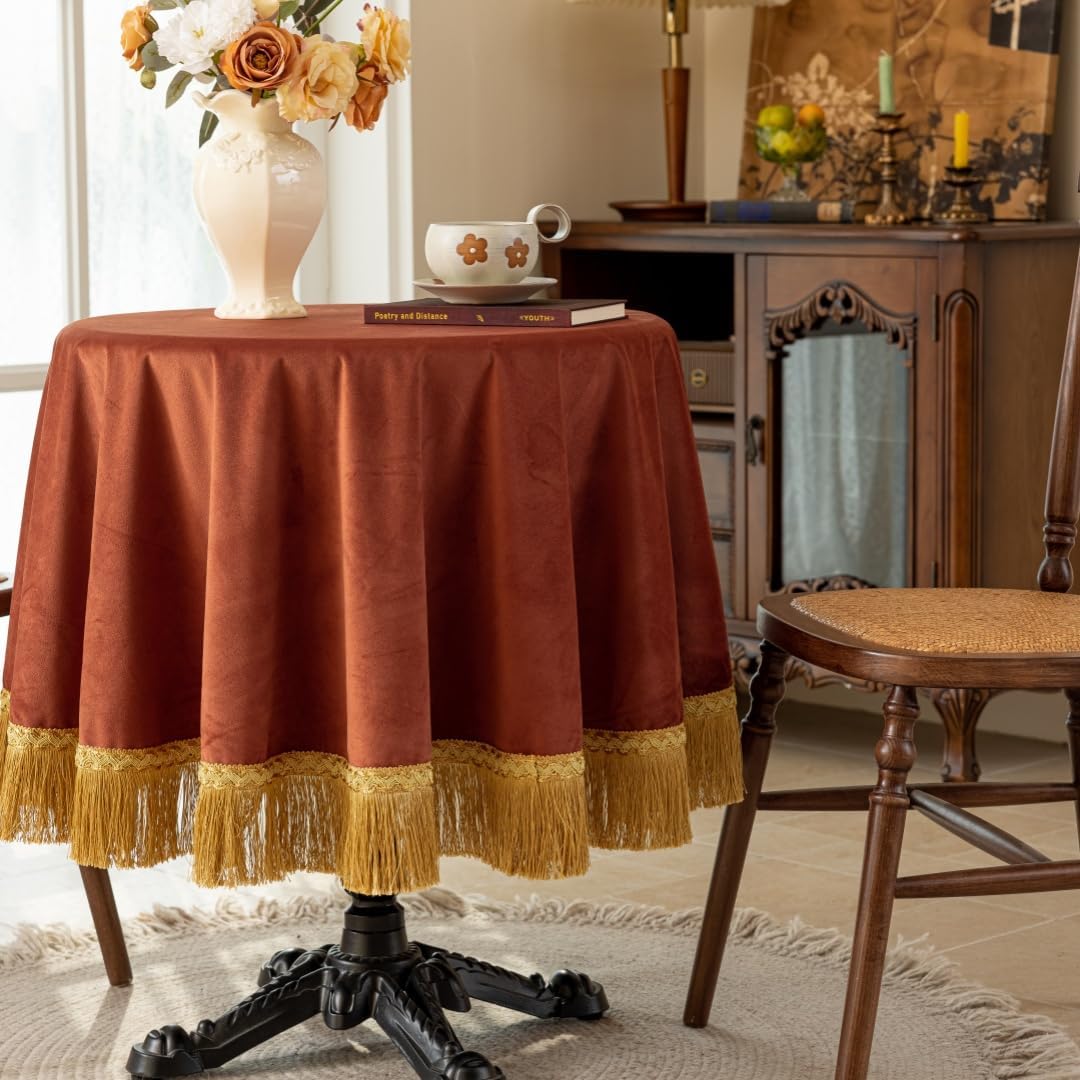 F-CHU Luxury Burnt Orange Tablecloth Thickset Velvet Tablecloth with Beautiful Gold Vintage Tassels Table Cloth for Home Decor Wedding, Party, Banquet and Events 67" Round