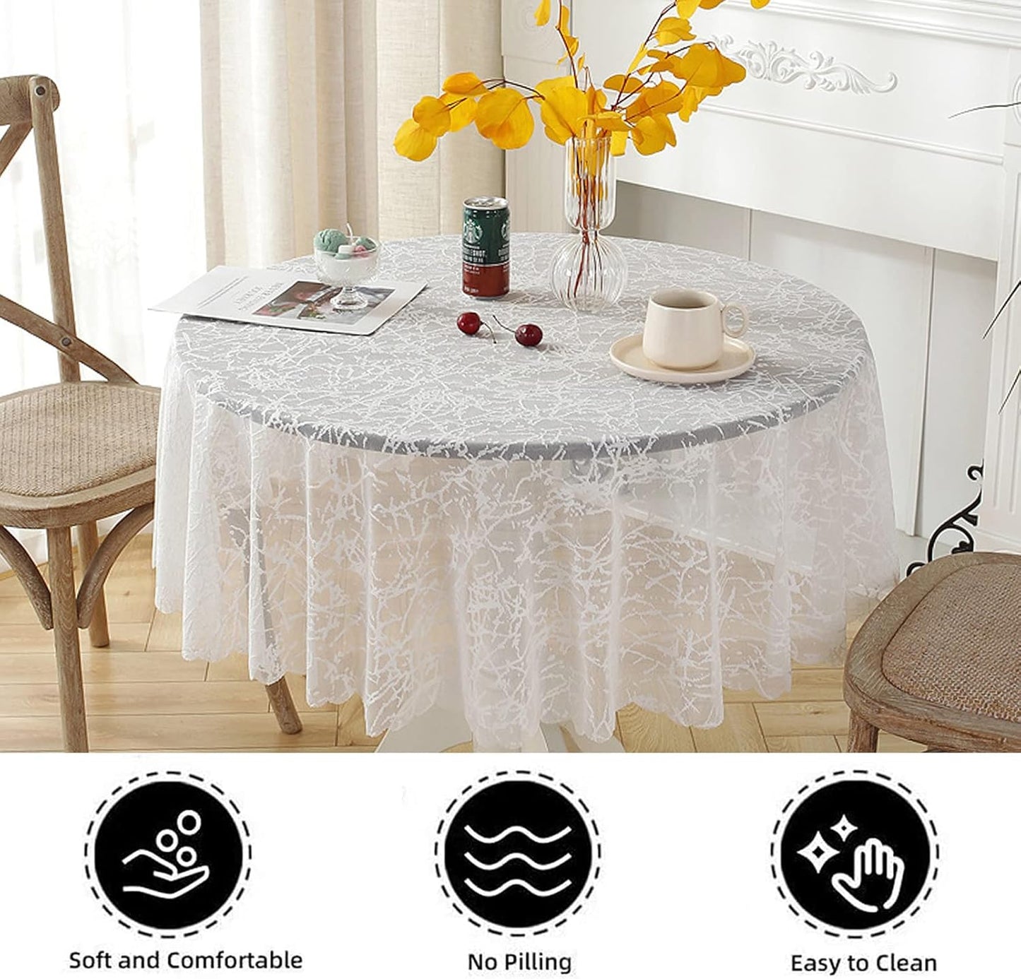 Jeloris Round Lace Tablecloth with Elegant Scalloped Bottom for Any Special Event Such as Wedding, Birthday Party, Baby Shower, Anniversary (70 inch, Style 3)