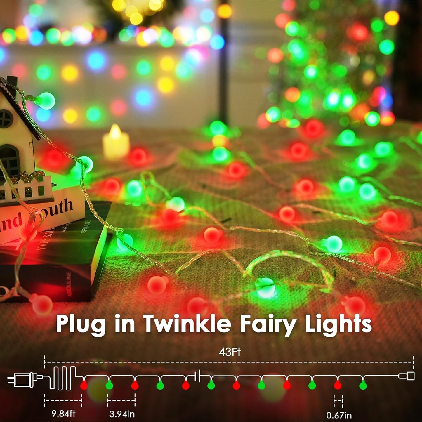 43FT 100LED Connectable Christmas String Lights Indoor Outdoor - Red and Green Fairy Lights Plug in with Remote & 8 Modes, Globe Twinkle Light for Christmas Decorations Bedroom Room Tree Party