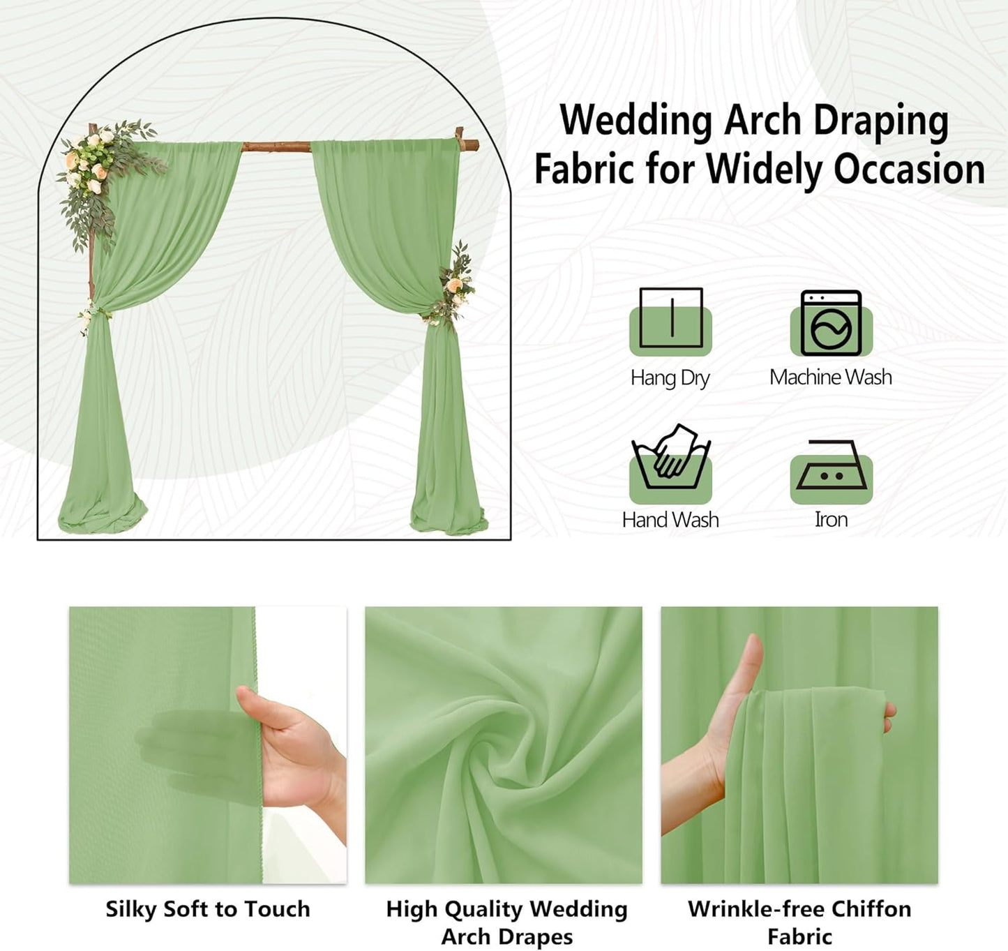 6 Panels Sage Green Wedding Arch Drapery 28" x 20Ft Wedding Arch Draping Fabric Chiffon Fabric Drape Backdrop Curtain for Weddings Party Swag Ceremony Birthday Arbor Drapery Reception Ceiling Décor