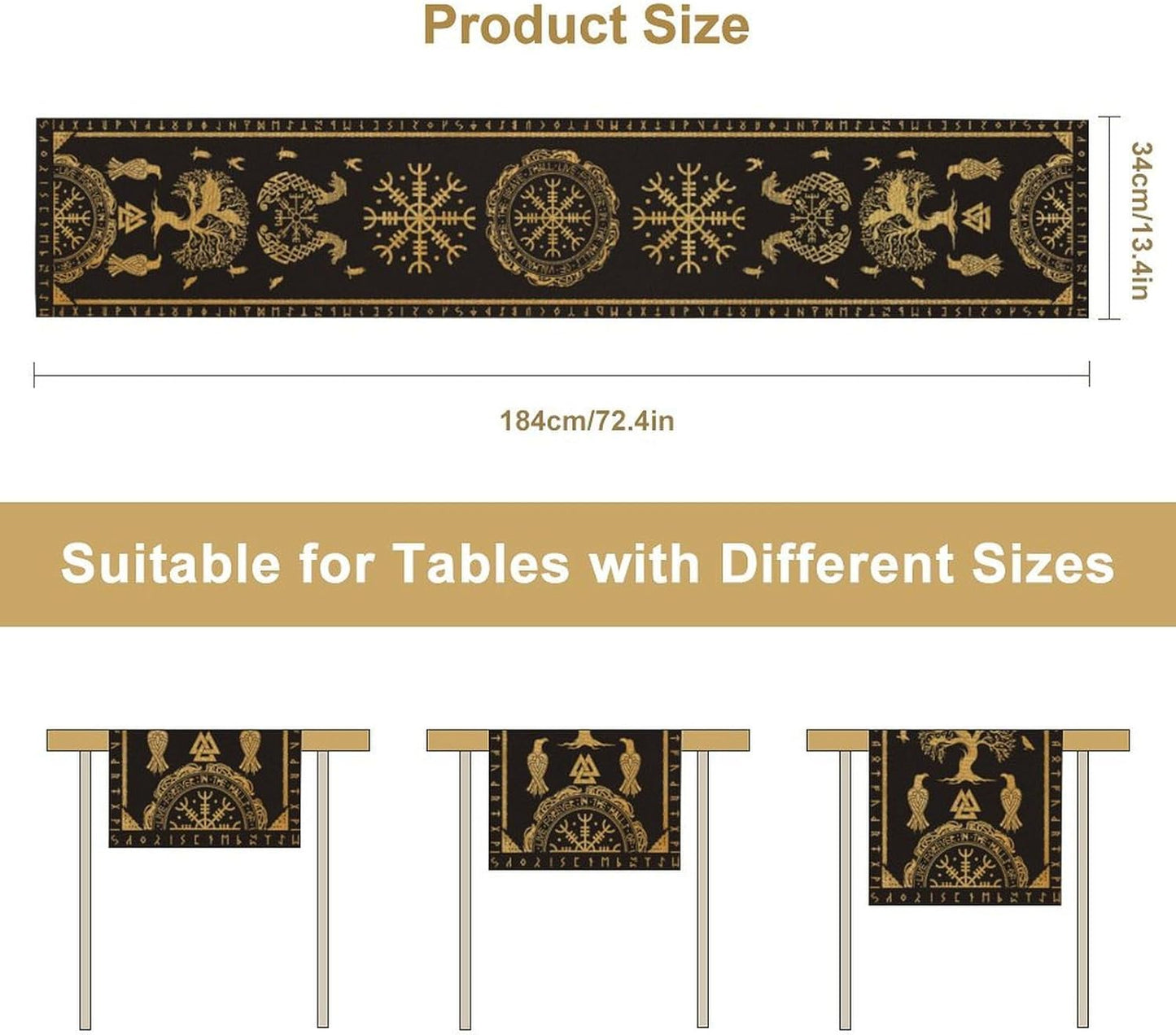 Viking Tree of Life Abstract Table Runner for Living Room Home Party Coffee Dining Party Wedding Golden Black Celtic Style Geometric Dragon Boat Rudder Ancient Script Table Runner 13x120 Inch