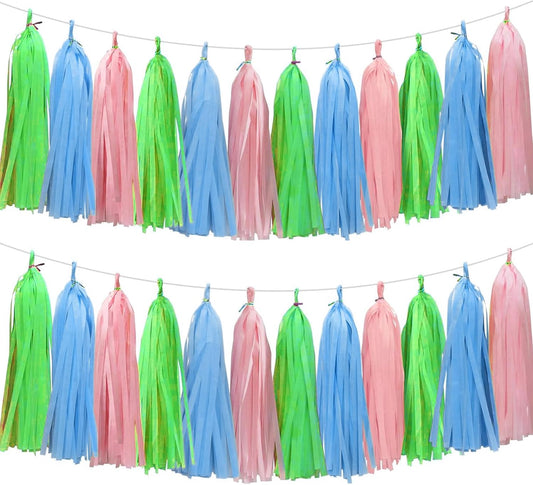 Blue Pink and Green Tassel Garland Banner Paper Tassels for Birthday Party Decorations,Pack of 15