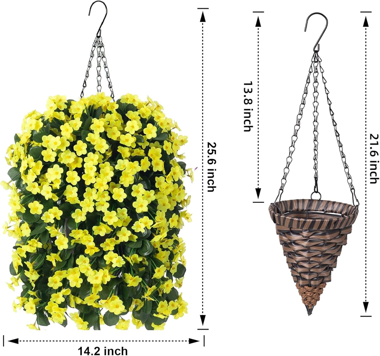HyeFlora Artificial Fake Hanging Outdoor Flowers Plants Basket, Faux Silk Yellow Orchid Flowers UV Resistant Realistic Hanging Planter for Outside Porch Patio Home Garden Yard Decoration
