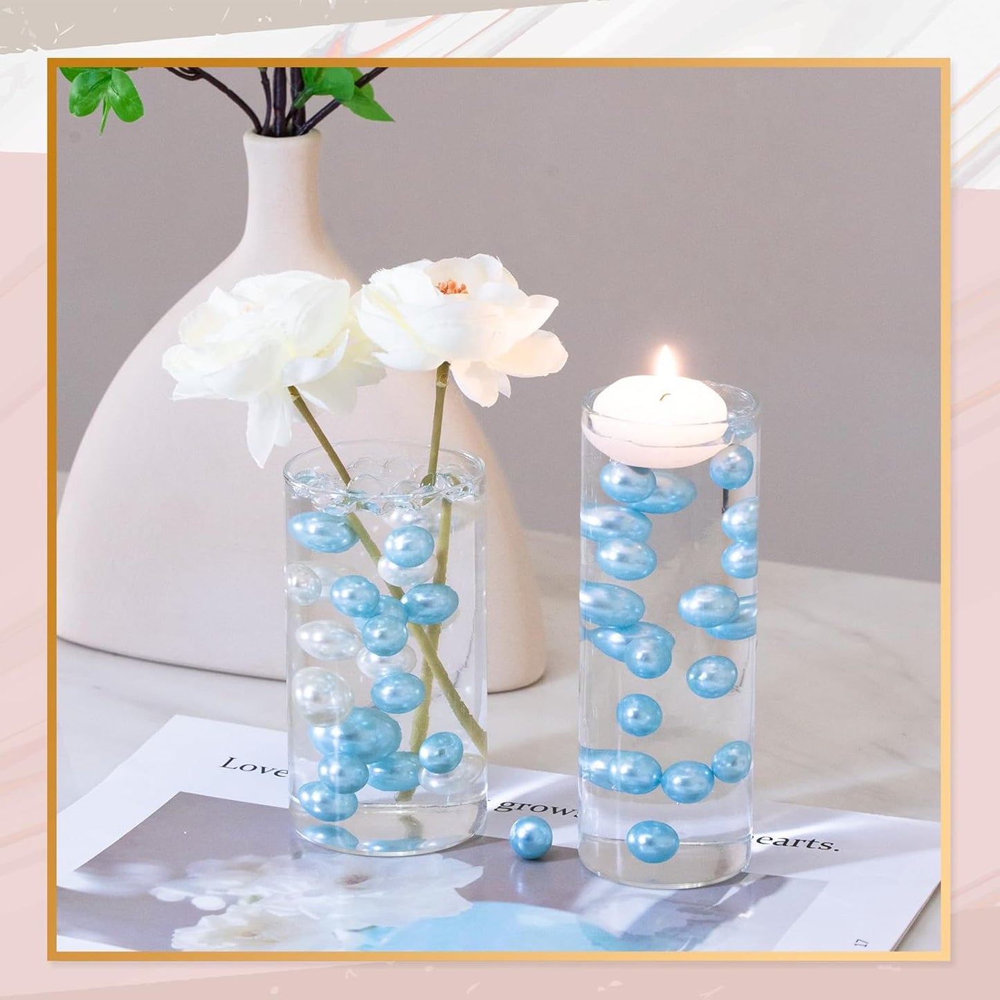 300Pcs Vase Filler Lightblue No Hole Faux Pearl Beads for Vase Filling Decorations, Candle Centerpieces, Wedding Centerpieces, Home Party Decor (8/14/20mm)