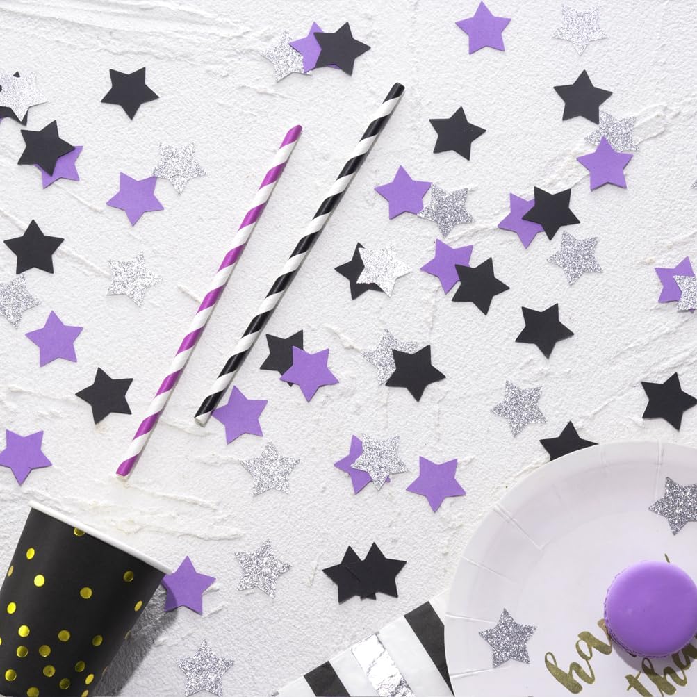 Purple Black and Silver Star Confetti Table Decoration for Birthday Retirement Graduation Bachelor Party,1.2 inch in Diameter,200 Counts