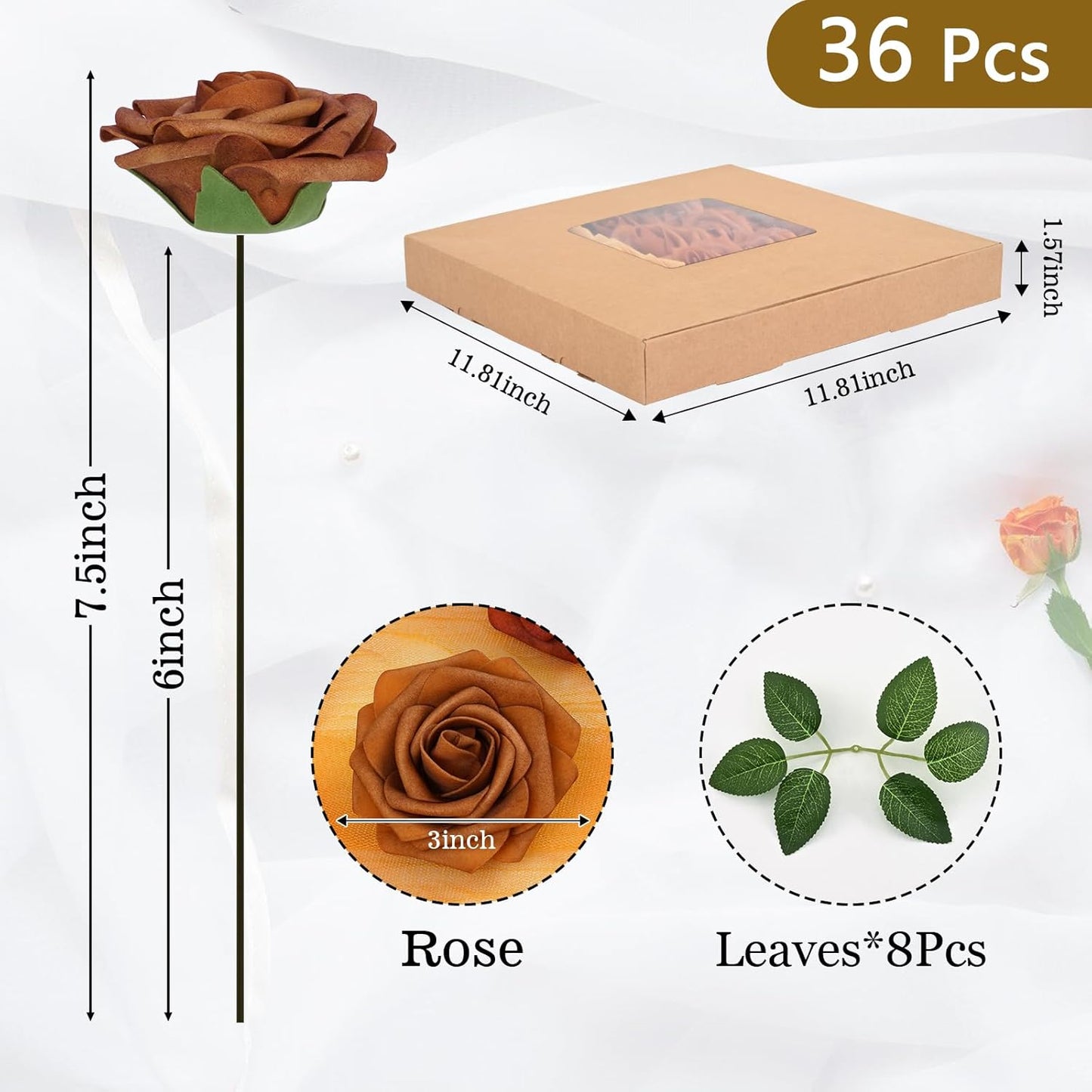 BLEUM CADE 36Pcs Artificial Flowers Fake Roses with Stems, Gradient Burnt Orange Boxed Foam Roses for DIY Bouquets Centerpieces Wedding Party Arrangement Bridal Shower Decor