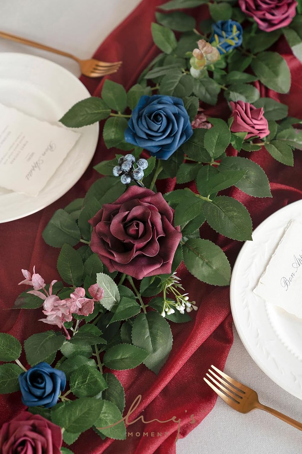 Ling's moment 5FT Burgundy Artificial Flower Garland Navy Blue Floral Arch Table Centerpiece Rose & Leaves for Wedding Parties & Home Decor