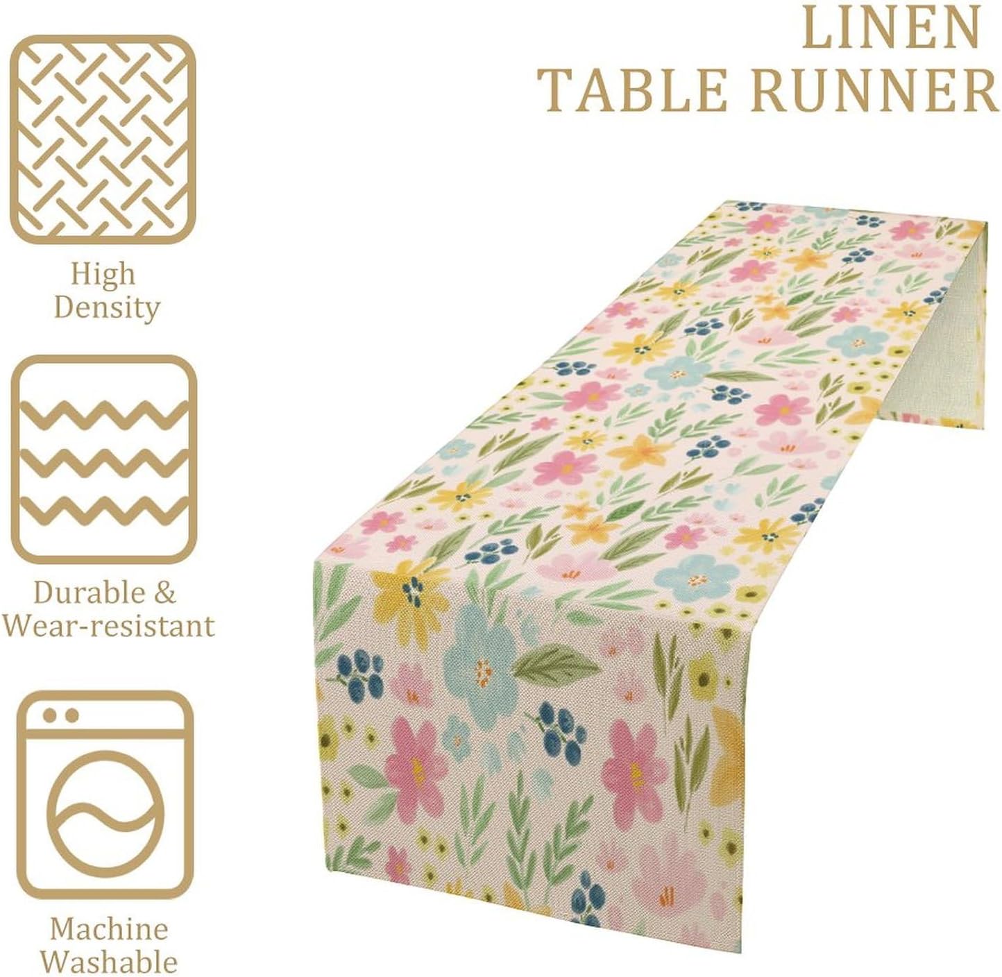 Floral Table Runner, Boho Style Watercolor Flower Green Leaf Plant Rectangle Table Decoration for Dining, Party, Holiday,13in（33cm） W * 108in（274cm） L