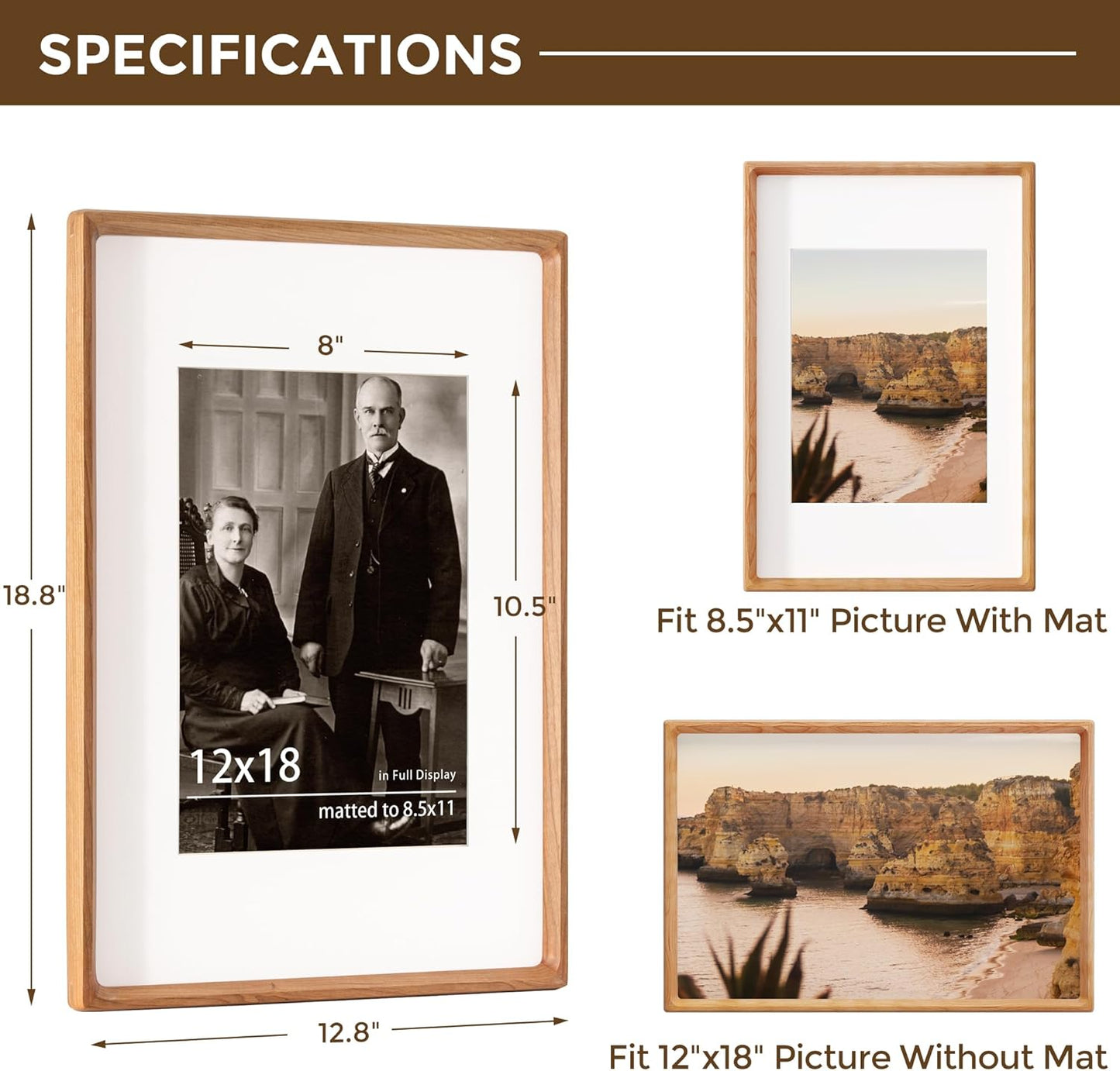 12x18 Picture Frame USA-Sourced Natural Cherry Wood Solid Original Wood Photo Frame Rounded Corner with Mat to 8x12 Picture Display with Real Glass Family Picture, Wedding Picture, Photo, Certificate